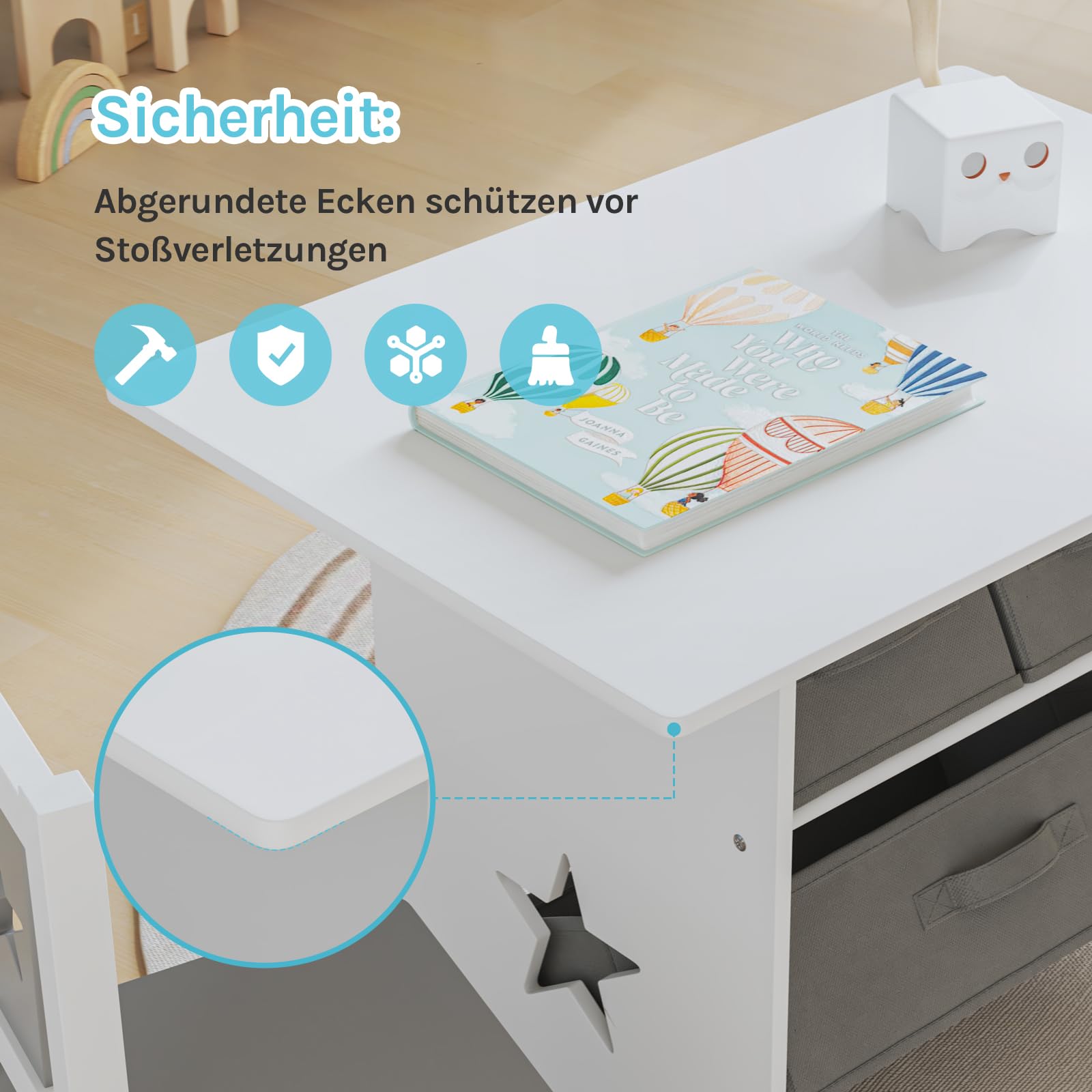 WOLTU Kindersitzgruppe, 1 Kindertisch und 2 Stühle, Kindertisch mit Stauraum, Kindermöbel Set aus Holz, mit 3 Aufbewahrungskörben, Sitzgruppe für Kinder, Grau + Weiß