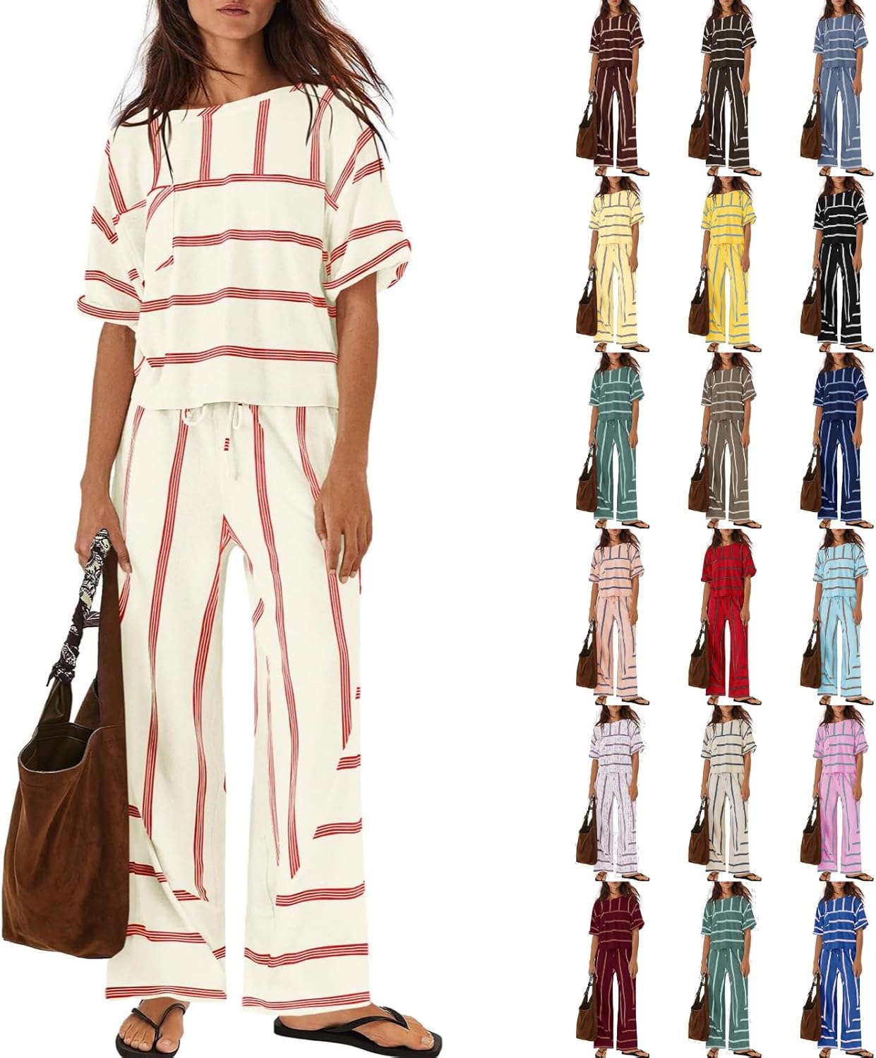 Womens Striped Lounge Set - 2 Piece Vacation Sets Short Sleeve Tops and Wide Leg Pants Travel Sets with Pockets