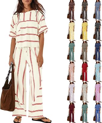 Womens Striped Lounge Set - 2 Piece Vacation Sets Short Sleeve Tops and Wide Leg Pants Travel Sets with Pockets