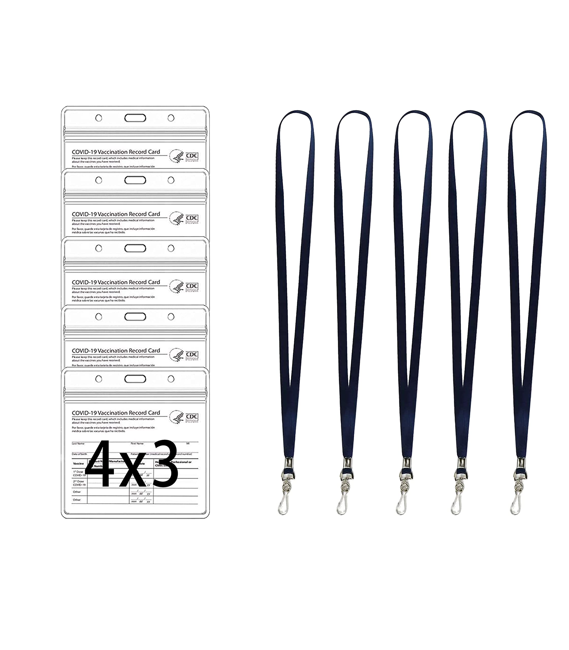 O&DS 5 Pack CDC Vaccine Card Holder Waterproof 4x3 with Zip Lock and lanyards - 4x3 Vaccination Card Protector Waterproof Badge Holder Perfect Fit Durable Water Proof