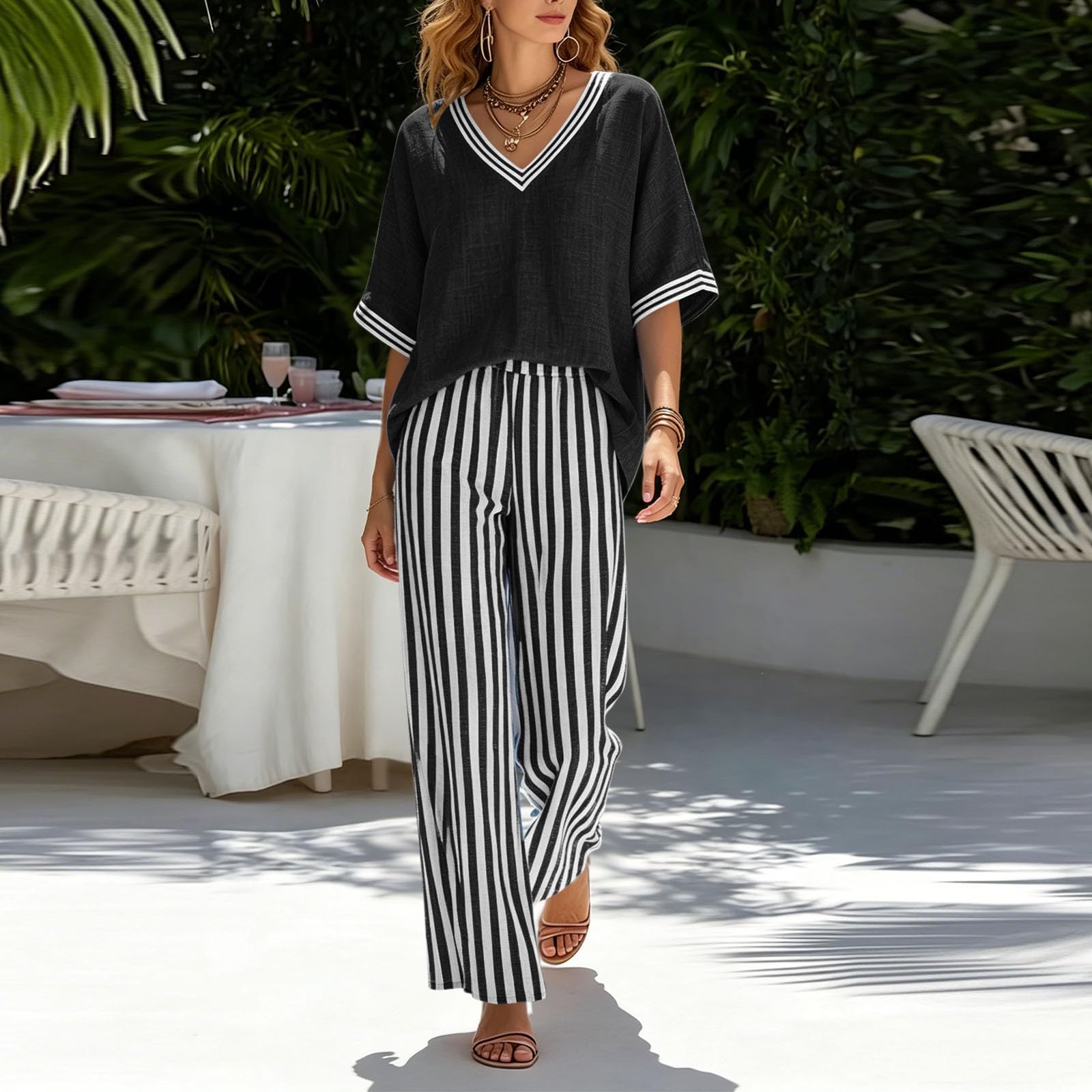 Conjuntos de lino a rayas para mujer, manga corta, cuello en V, pantalones de cintura elástica, conjunto de 2 piezas para descansar, para verano, casual, holgado, para viajes al aeropuerto, con
