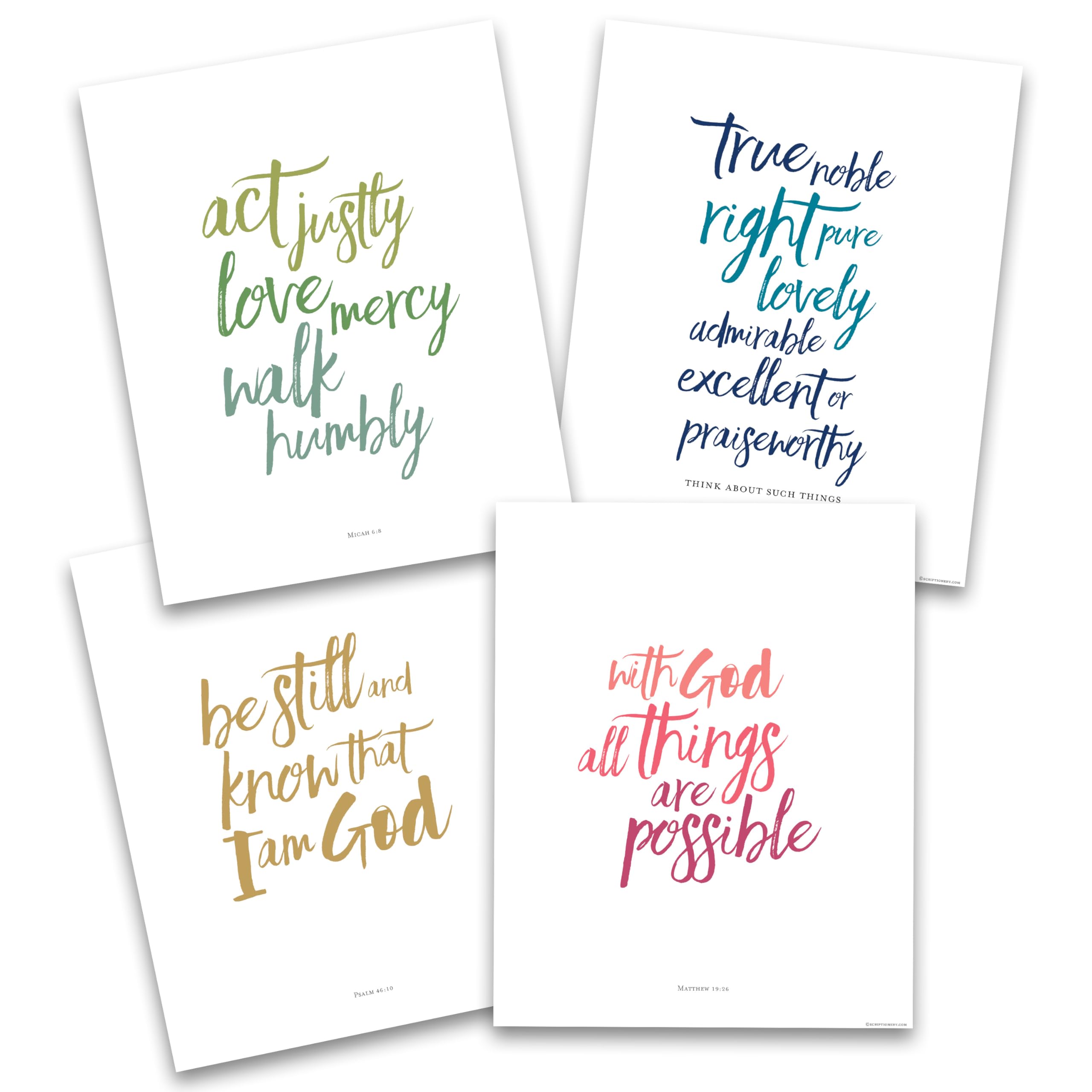 Scriptionery Brush Calligraphy Bible Verse Wall Art Set of 4 – Inspirational Christian Posters for Home, Office, Bedroom – Unframed 8x10 Scripture Prints – Christian Wall Art – Color
