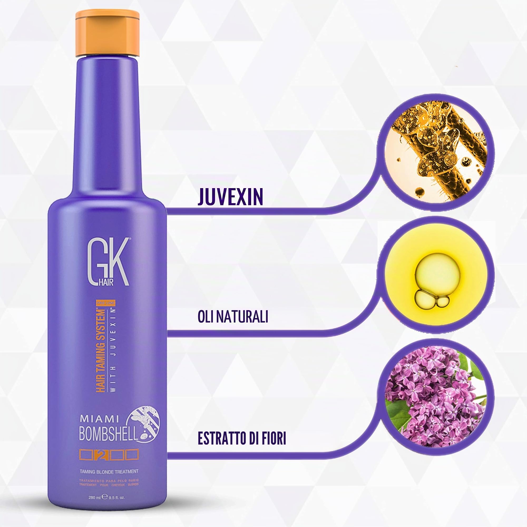 GK HAIR Global Keratin Miami Bombshell Purple Treatment (280ml 9.5Fl Oz) Capelli addomesticati biondi che lisciano i risultati professionali rimuove i toni giallo-arancio-ottone