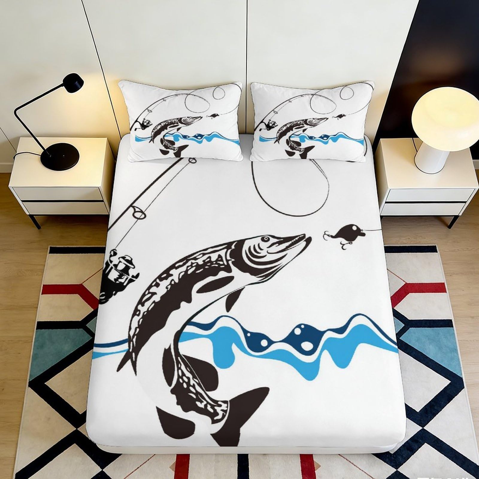 3D Printed Fish River Fitted Sheet Microfiber Soft Decorative Fishing Rod Bed Cover for Bedroom Guest Room Mattress Protection 90x200x25cm