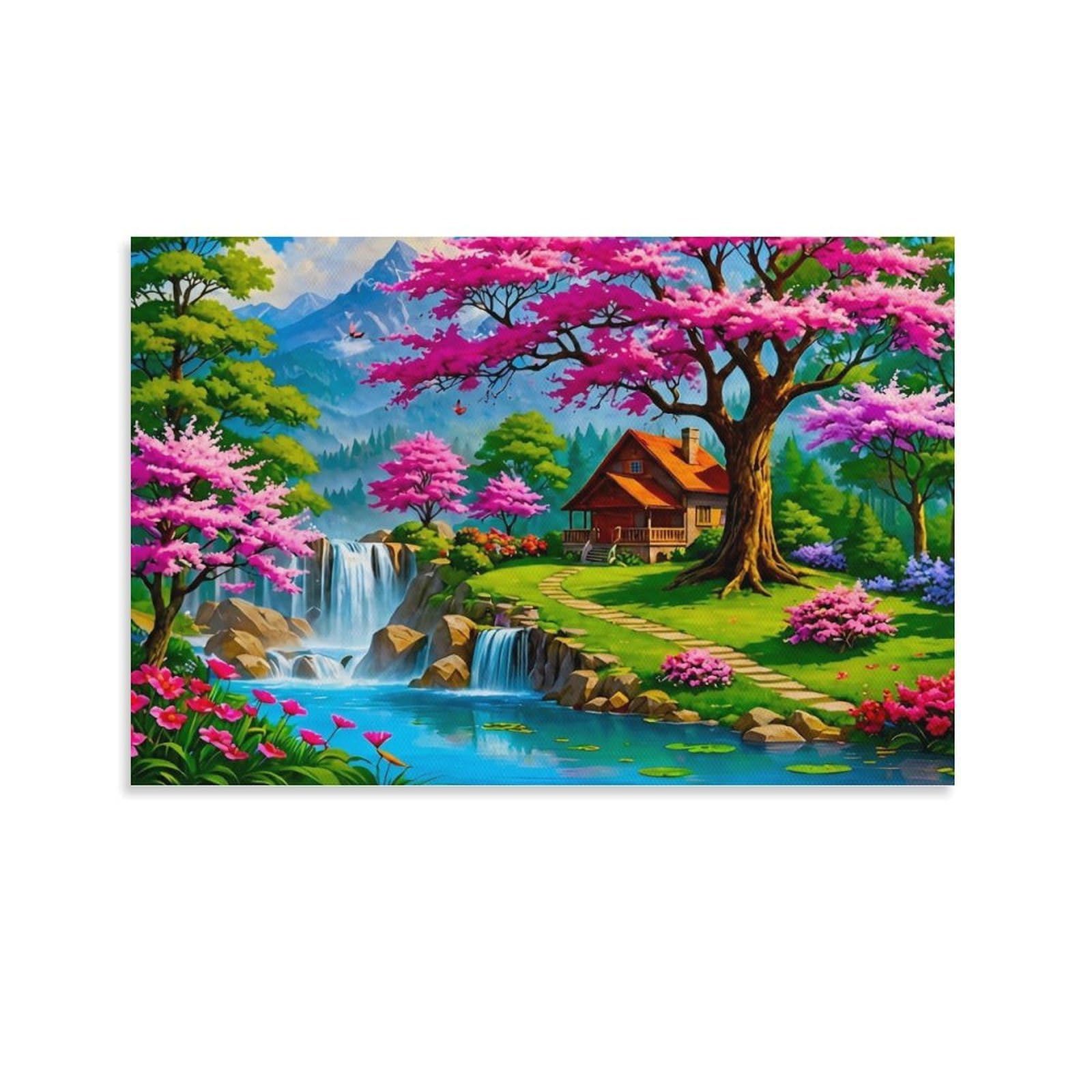 CPLVKWRQJ Spring Cottage Scene 1 Piece Cottage Waterfall Pink Blossom Mountain Landscape Canvas Artwork - Living Room Gallery Wall Statement Piece Fade Resistant Decor 24x36inch(60x90cm)
