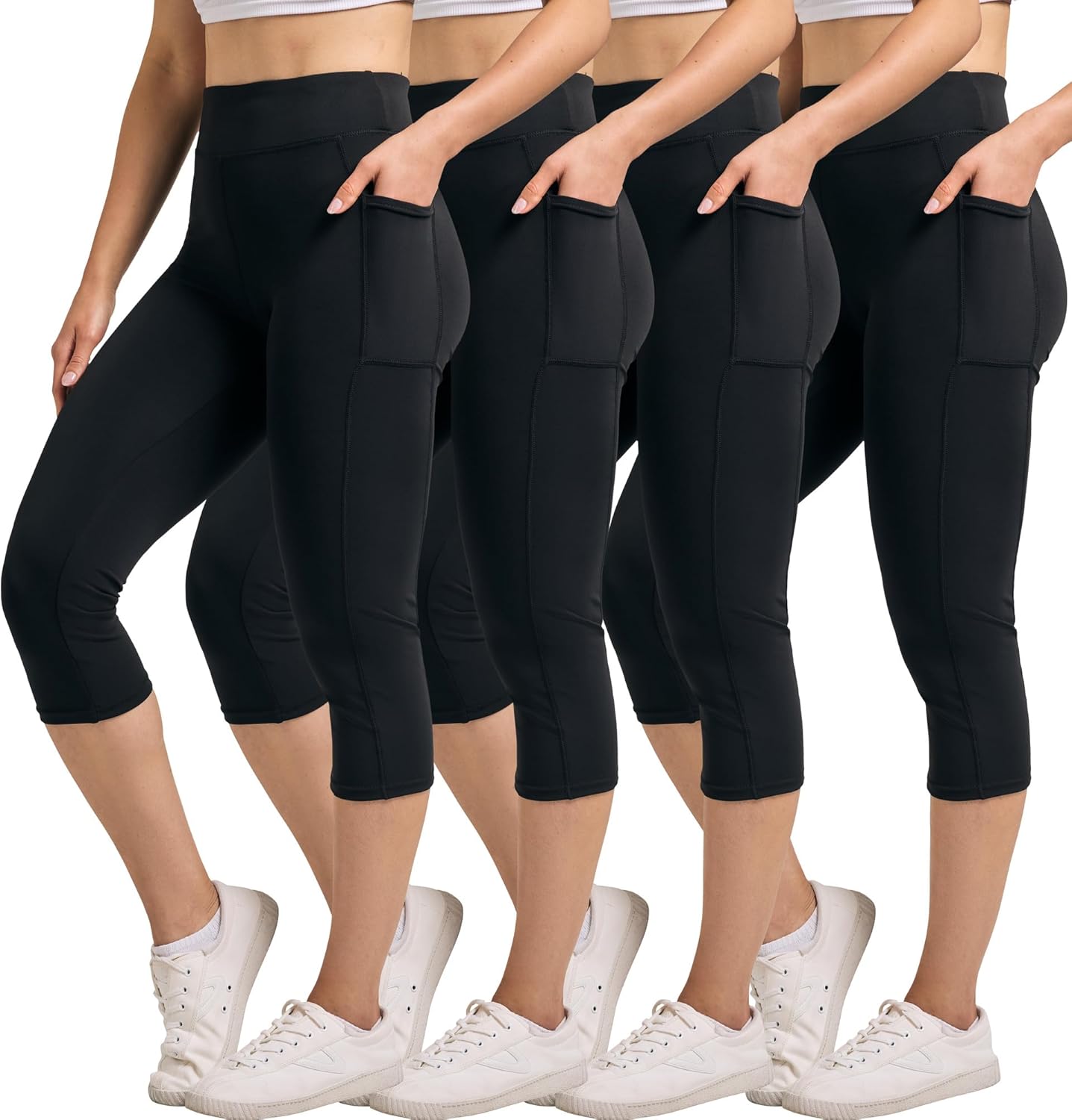 Real Essentials 4 Pack: Women's Capri Leggings with Pockets Casual Yoga Workout Exercise Pants (Available in Plus Size)