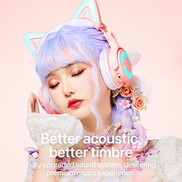YOWU RGB Cat Ear Headphone 4, Upgraded Wireless & Wired Gaming Headset with Attachable HD Microphone -Active Noise Reduction, Dual-Channel Stereo & Customizable Lighting and Effect via APP (Pink)