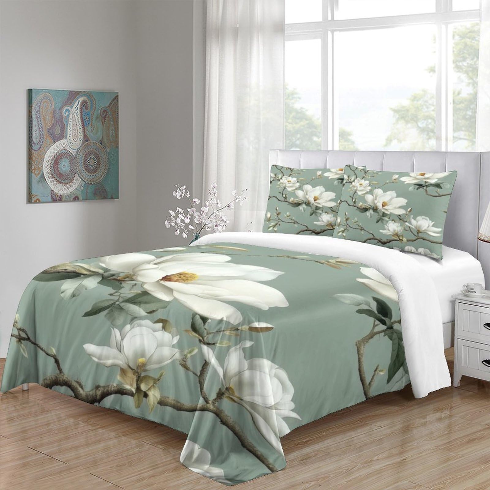 Weiße Magnolia Blüten 3-teiliges Reines Polyester Botanischer Garten Stil Bettbezugset, Versteckter Reißverschluss, Krippenbettwäsche, Babysicher & Gifffrei King（220x240cm）
