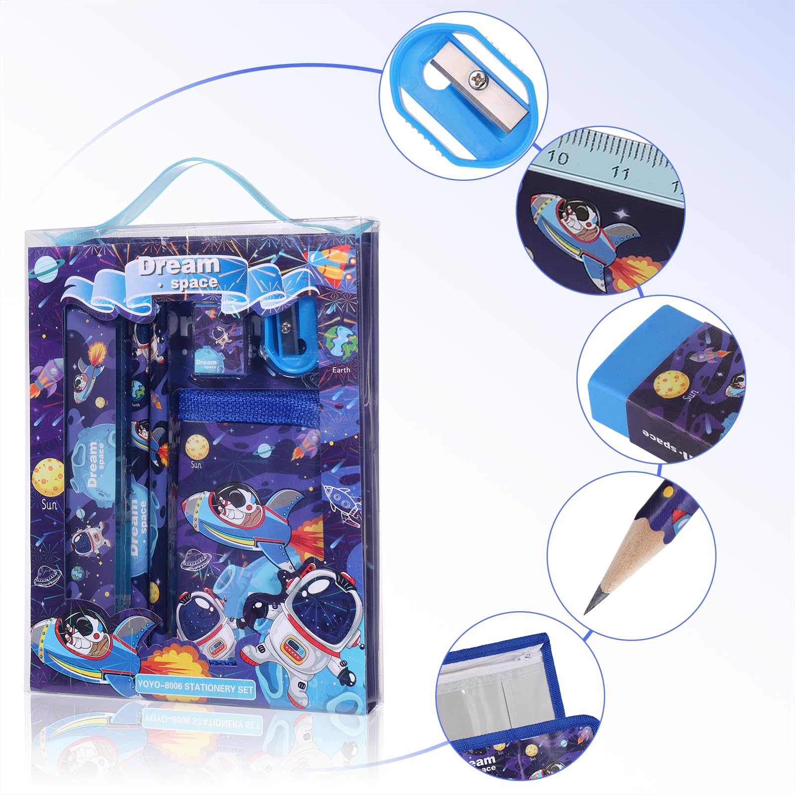 JIANTA Set Cancelleria Astronauta, Set Cancelleria per la Scuola che include 2 Matite, Portamonete, Righello, Gomma e Temperamatite, Regali di Compleanno Astronauta per Ragazze e Ragazzi