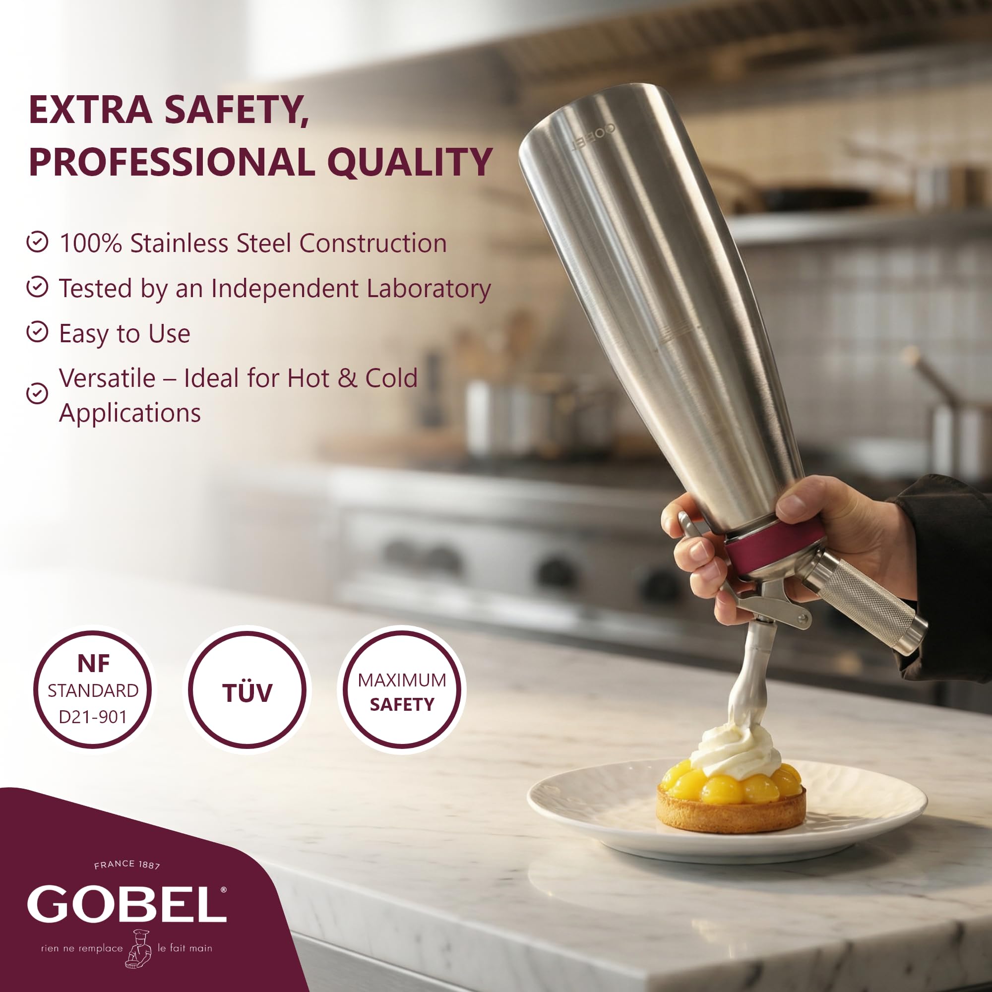 GOBEL - Siphon für die professionelle Küche aus Edelstahl - Siphon für Schlagsahne mit Edelstahlbehälter und -kopf - 1L - Professionelle Qualität (entspricht NF D21-901)