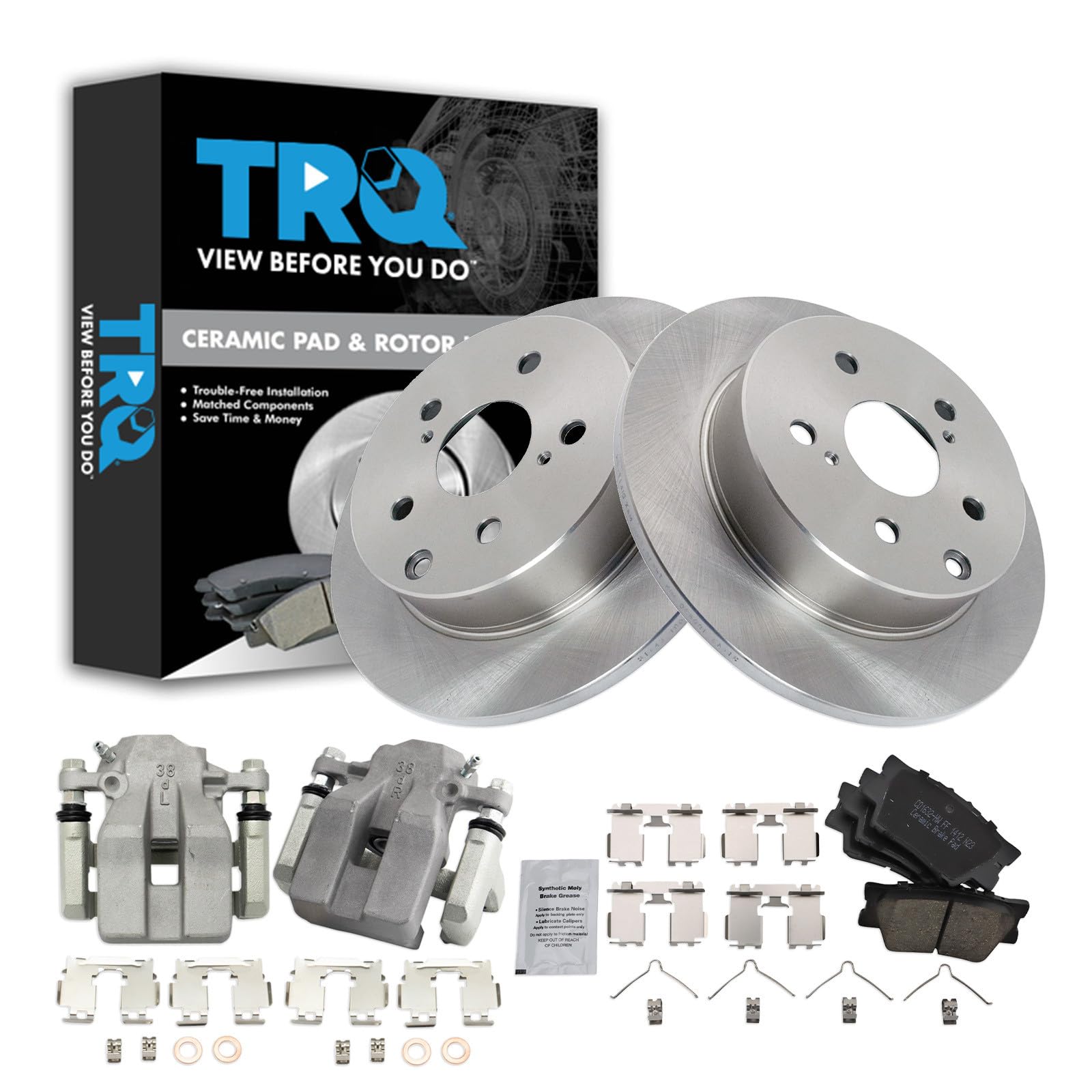 TRQ Rear Brake Pad and Rotor Set Ceramic Rotors Calipers Compatible with 2006-2011 Toyota RAV4