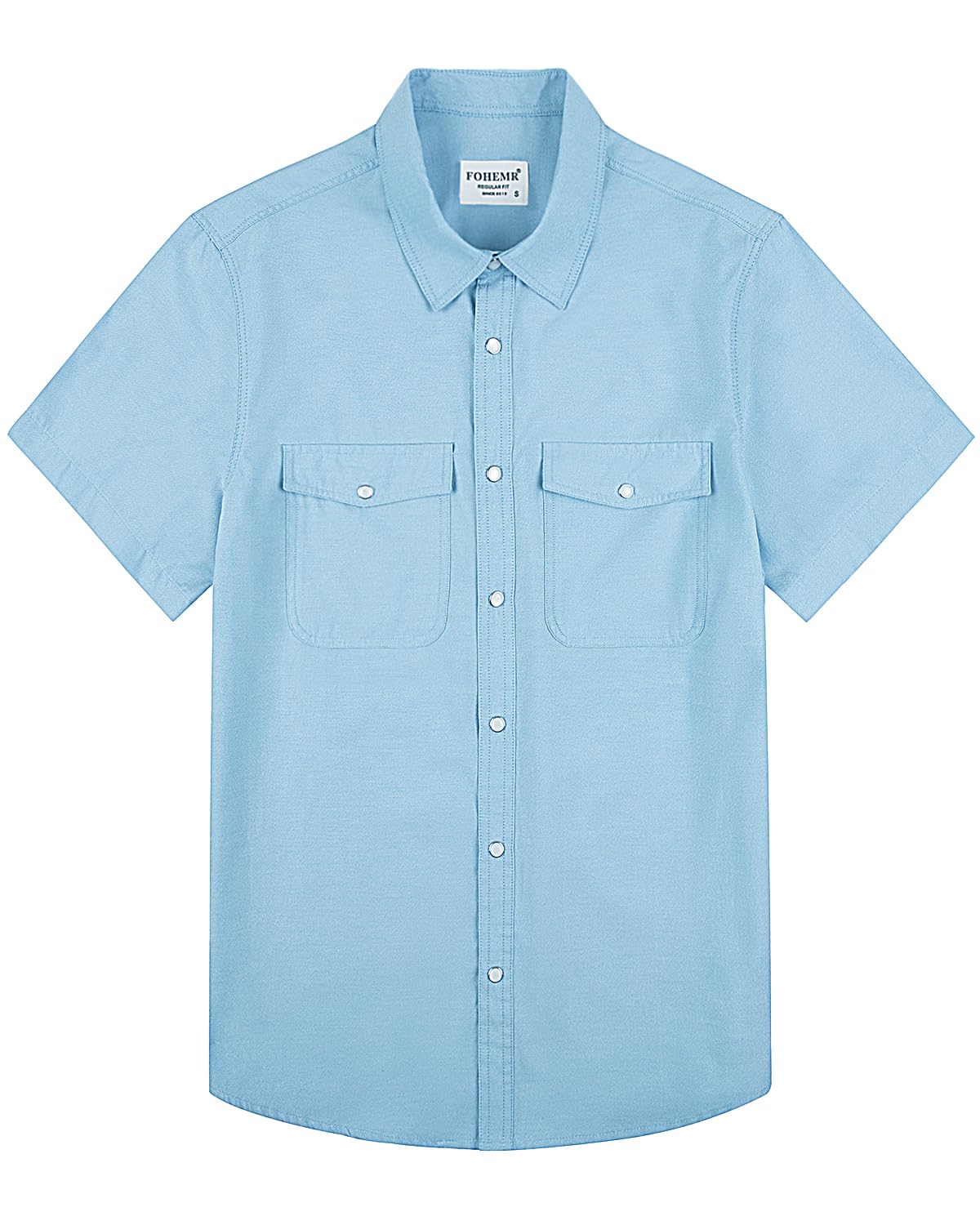 fohemr Men's Pearl Snap Shirt Short Sleeve Chambray Western Shirt Casual Cowboy Button Down Shirt with Dual Pockets