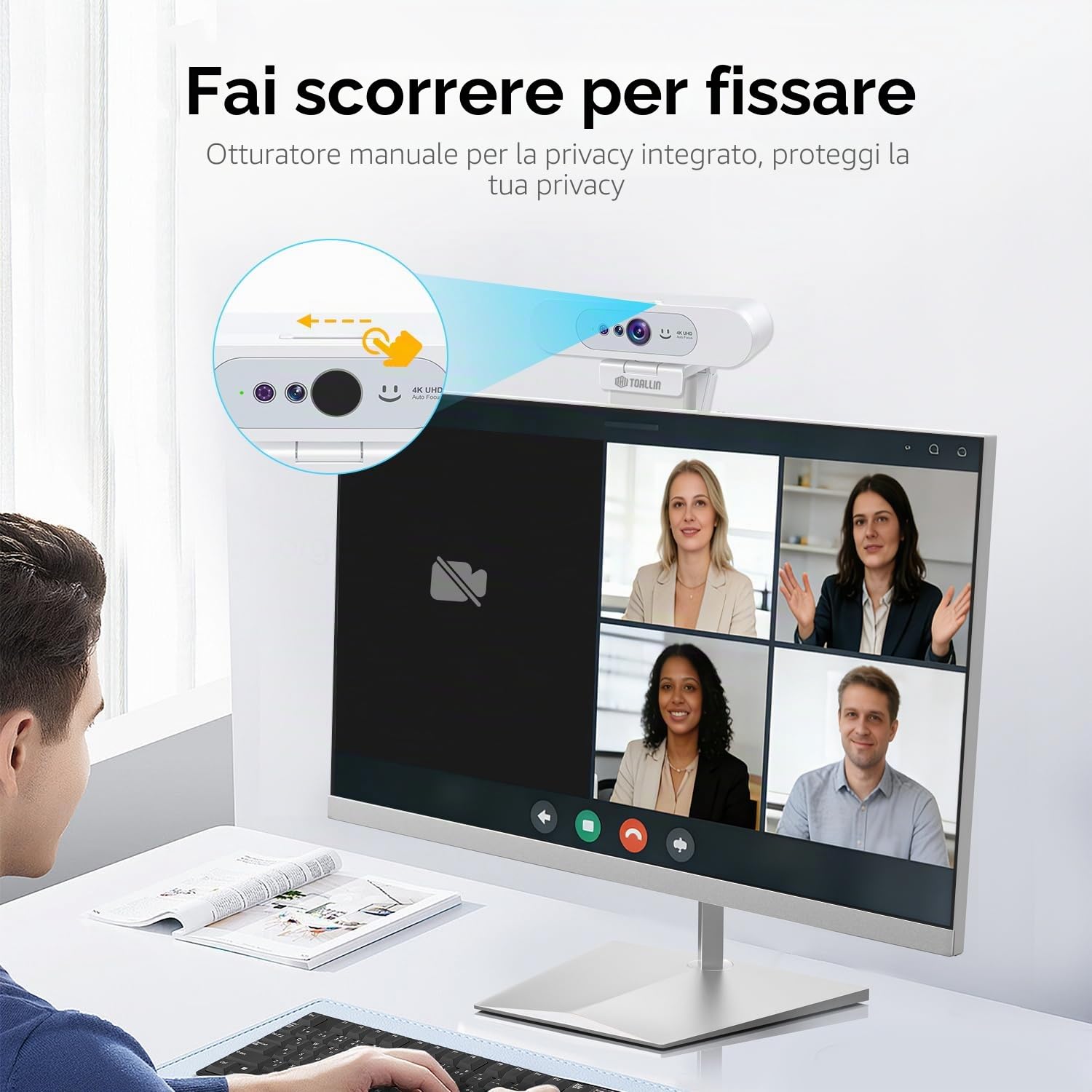 TOALLIN Webcam 4K UHD per PC, Fotocamera compatibile con Windows Hello, Riconoscimento facciale, Autofocus, Microfono integrato, Fotocamera USB per Meeting Online, Streaming Live, Videochiamate