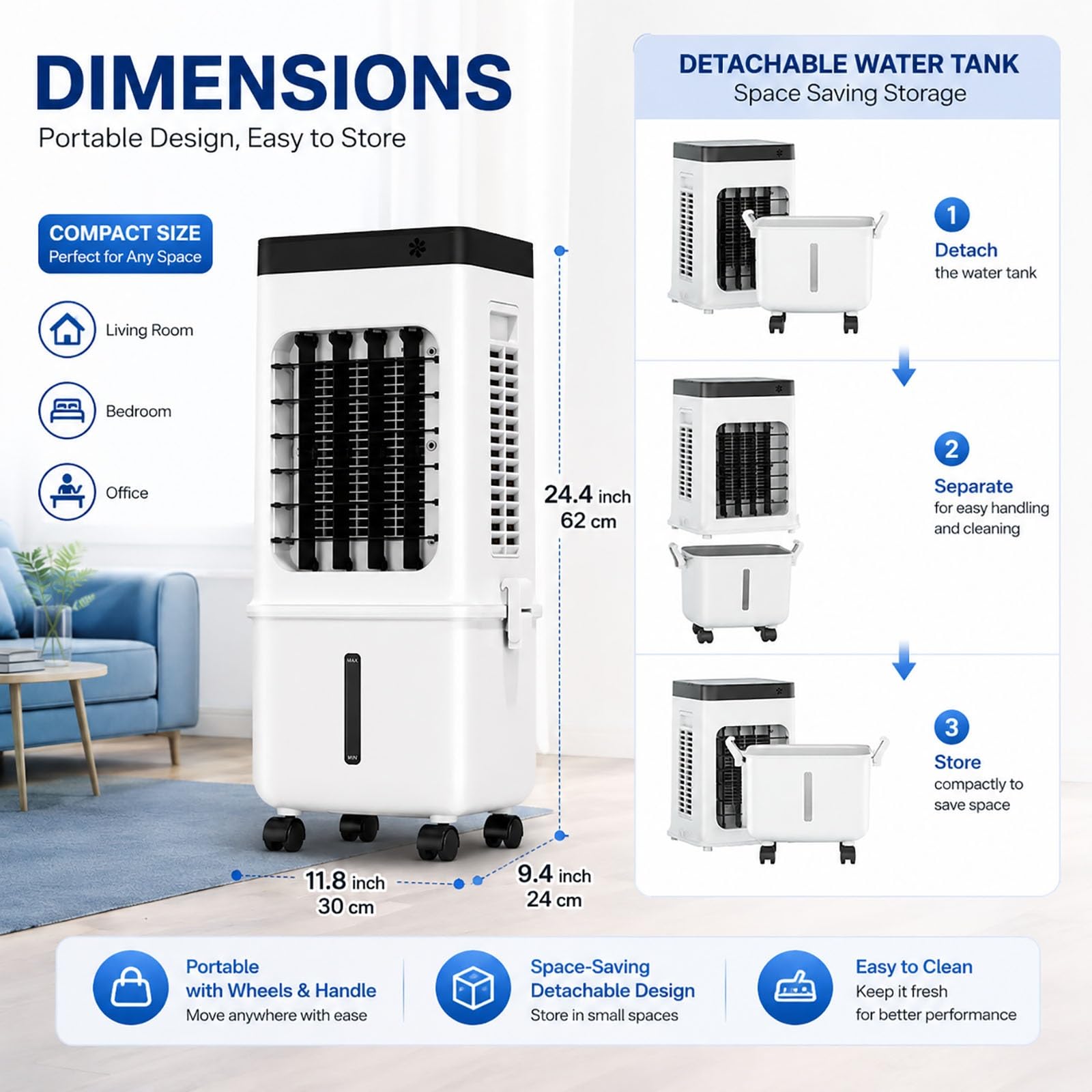 Rinfrescatore d'Aria Portatile per Casa, Raffrescatore Evaporativo 4-in-1 con Serbatoio dell'Acqua da 4L & 4 Setti Ghiaccio,Telecomando per Camera da Letto Ufficio