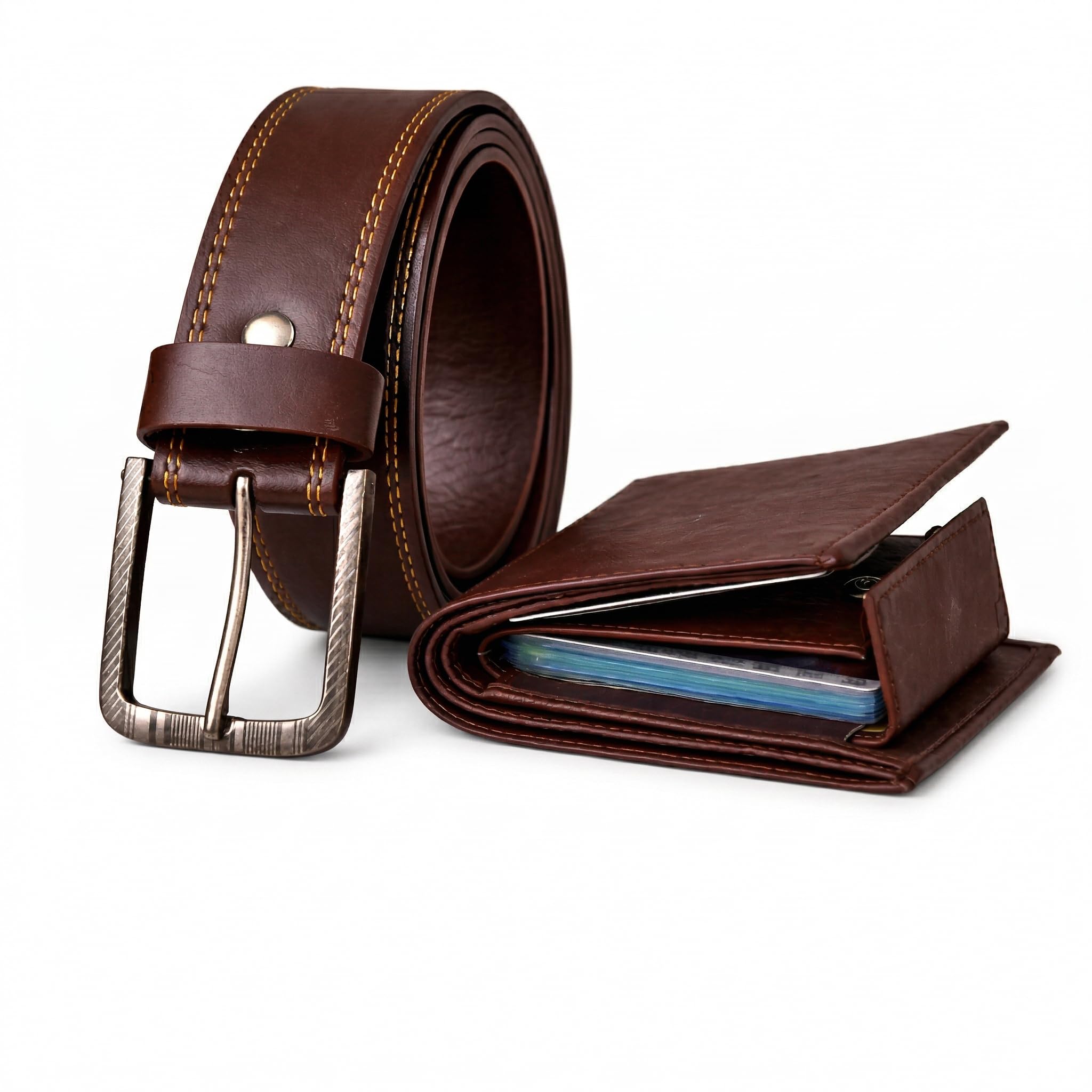 Men's Khaki Canvas Belt with Black Cross Design Buckle & Brown Wallet Combo-image-1