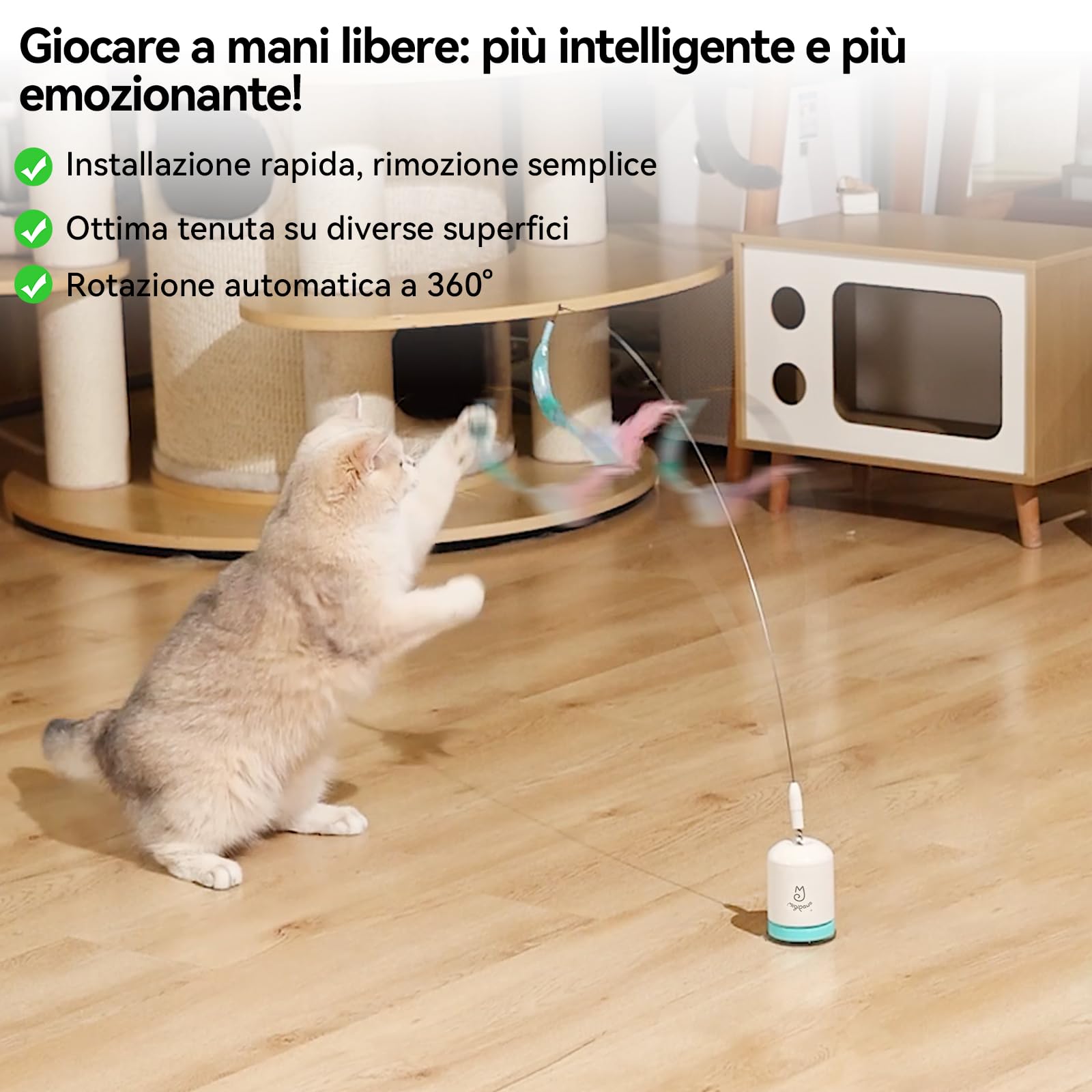 Migipaws Giocattolo interattivo per gatti con potente ventosa, filo flessibile da 70 cm e design pieghevole fai da te, giocattolo per l'esercizio fisico dei gatti con timer automatico，ricaricabile