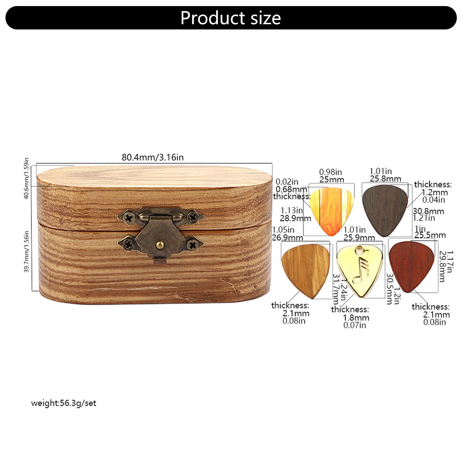 Caja de almacenamiento de madera para púas de guitarra, portátil, con 5 púas de guitarra para guitarristas