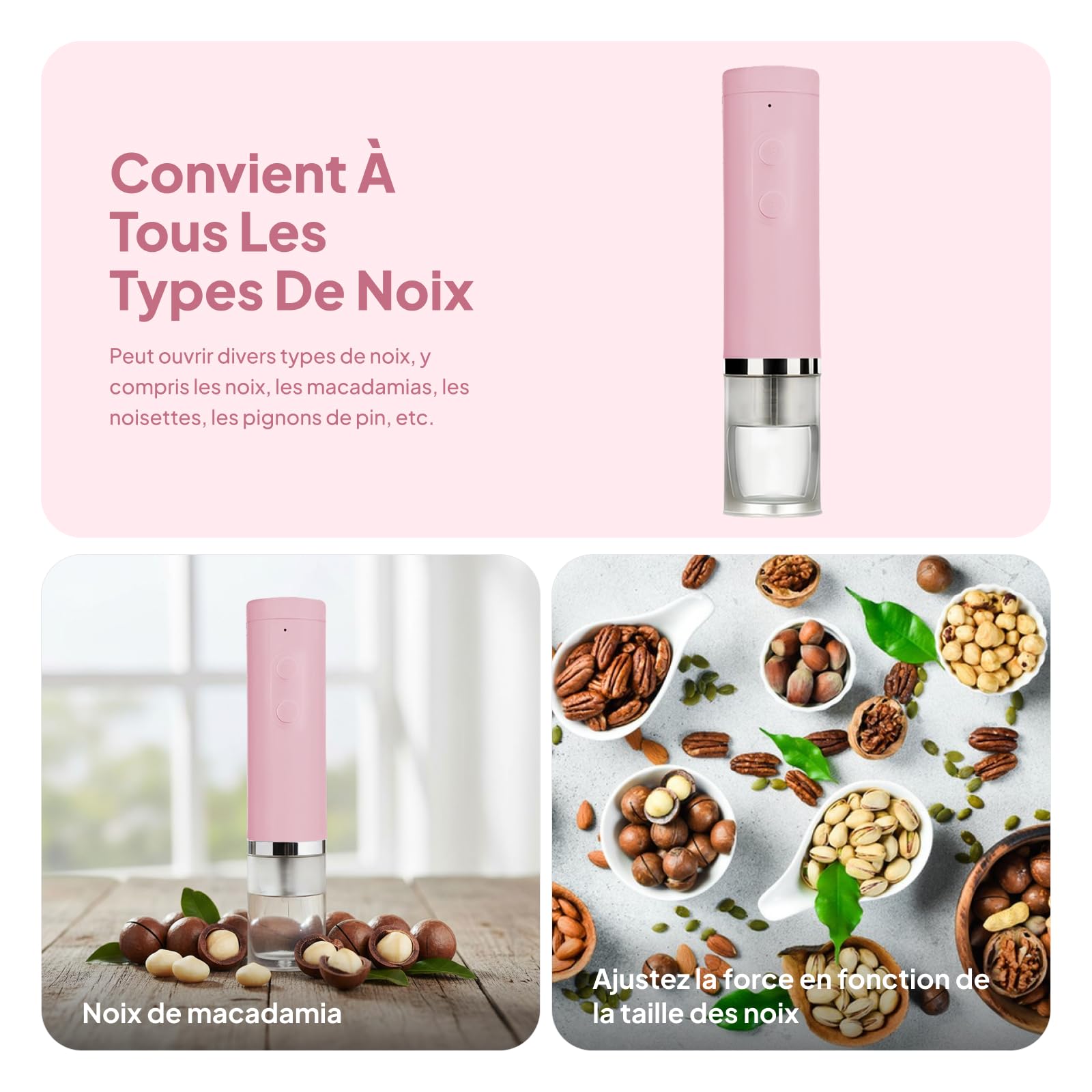 LOVIVER Casse-Noix Électrique Rechargeable, Décortiqueur de Noix, Ouvre-Noix portable, Ustensile de Cuisine Polyvalent, Coque Anti-Éclaboussures, Casse-Noix pour Noix de Pécan et Pignons de Pin, Rose
