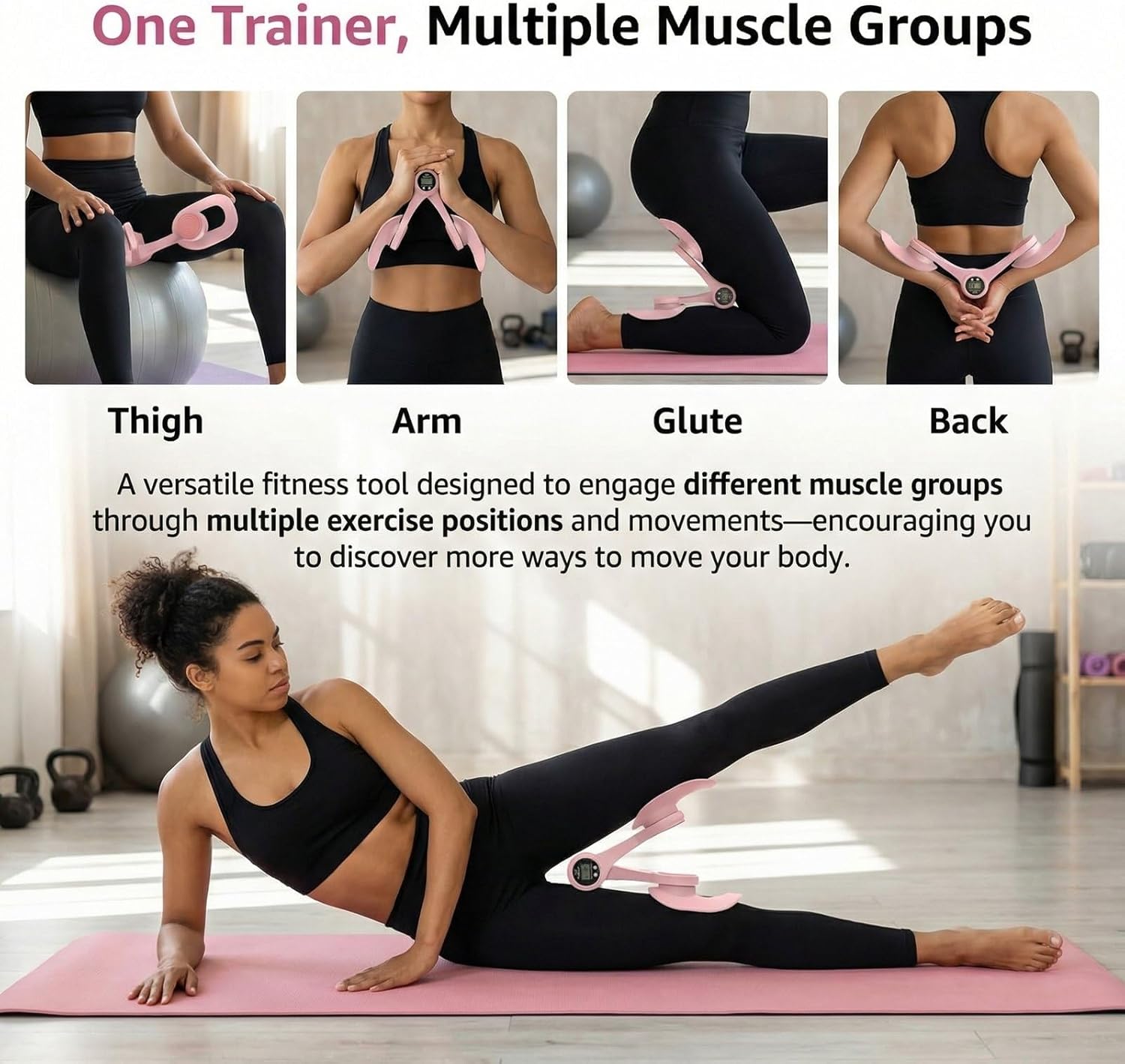 Thigh Trainer Pelvic Floor Muscle Trainer with 3 Smart Modes, 360° Adjustable Design Kegel Inner Thigh Exerciser with 25LB Resistance Band for Home Gym, Workout Equipment for Hip, Leg and Arm