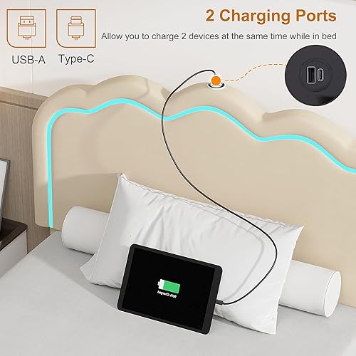 Miniatura 4 de VECELO Base de cama tapizada de tamaño individual con cabecero ajustable, luces LED, USB-A y tipo C, plataforma de terciopelo sin ruido, base de