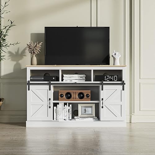 Miniatura 4 de Cozy Castle Soporte de TV de granja para TV de 556065 pulgadas soportes de televisión con puerta corrediza de granero con estantes ajustables centro