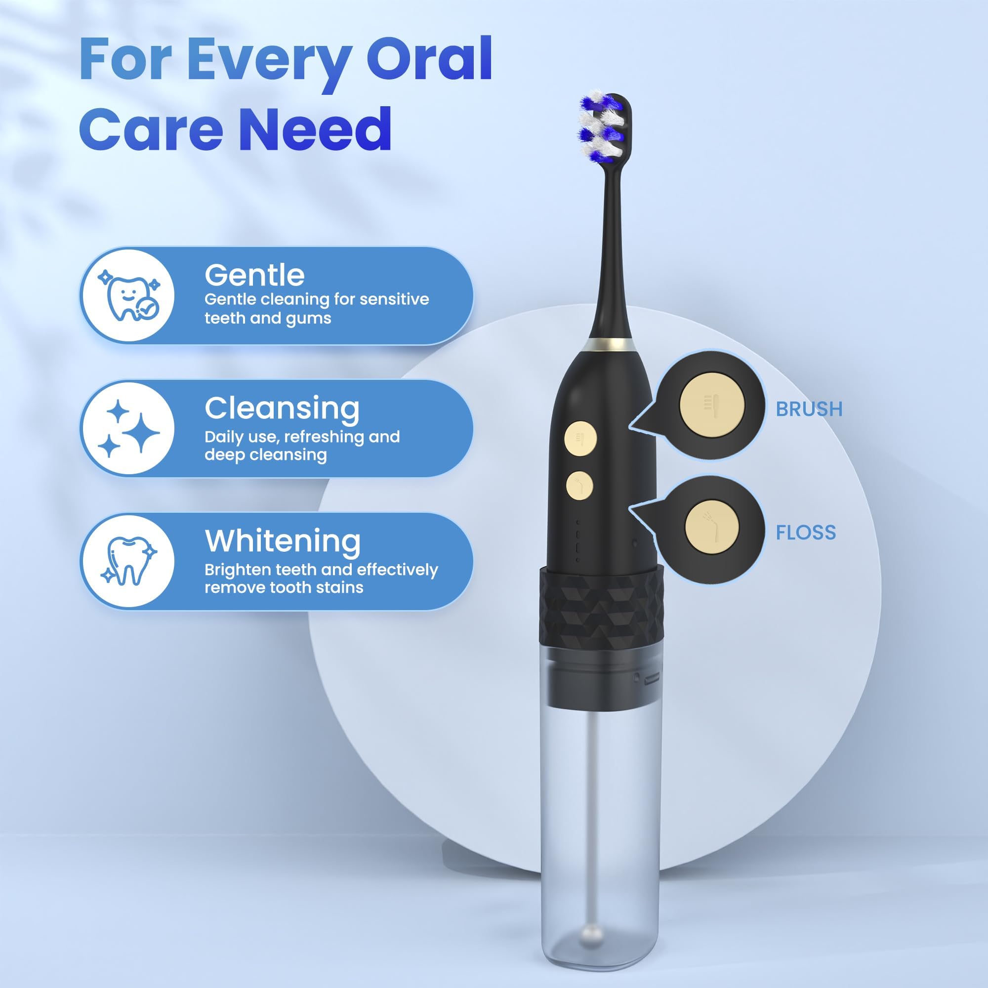 Spazzolino elettrico con filo interdentale, kit 2 in 1 per la pulizia dei denti, spazzolino da denti e filo interdentale, spazzolino da denti da viaggio con bottiglia d'acqua (nero)