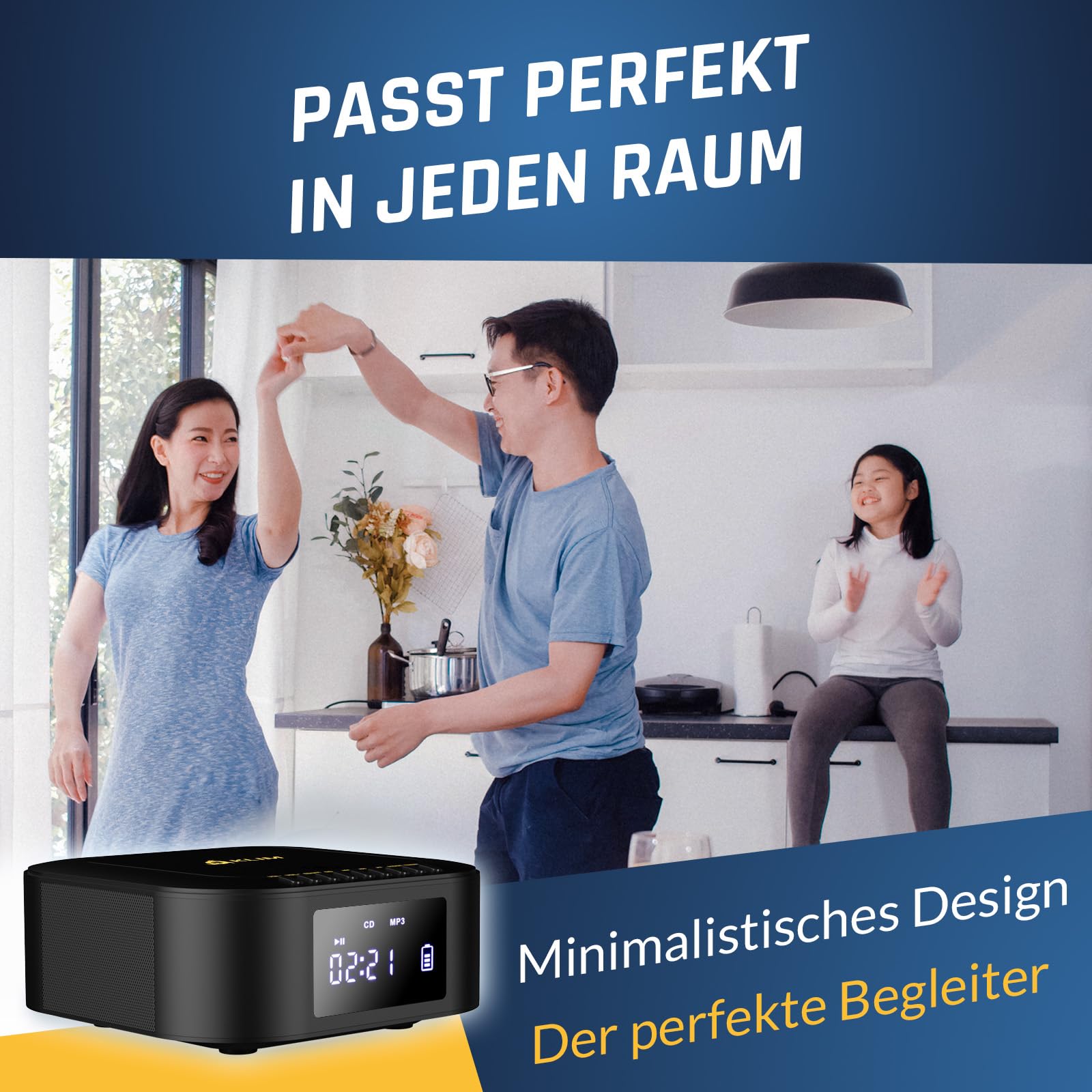 KLIM Boombox E1 Radio mit CD Player - BASS Boost mit Tieftöner - FM Radio, MP3, Bluetooth, AUX, USB - CD Player tragbar mit kabellosem Modus und aufladbaren Akku - Mit Fernbedienung - Schwarz/Gold