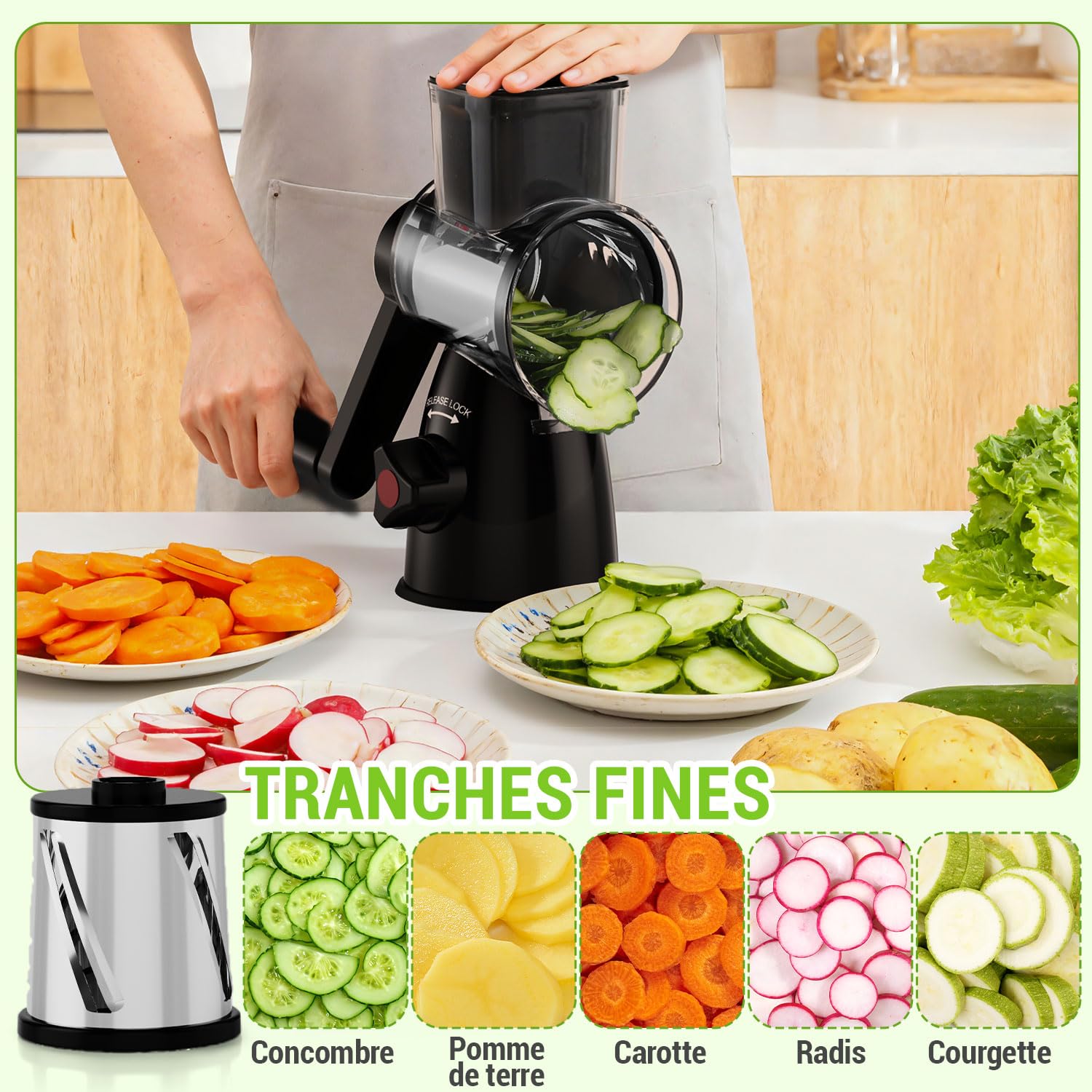 Râpe à Fromage Rotative, Mandoline Cuisine Professionnelle, Coupe Legumes Multifonctions avec 3 Lames de Tambour, Rapeuse Legume pour Fromage, Carottes, Concombre, Pommes de Terre