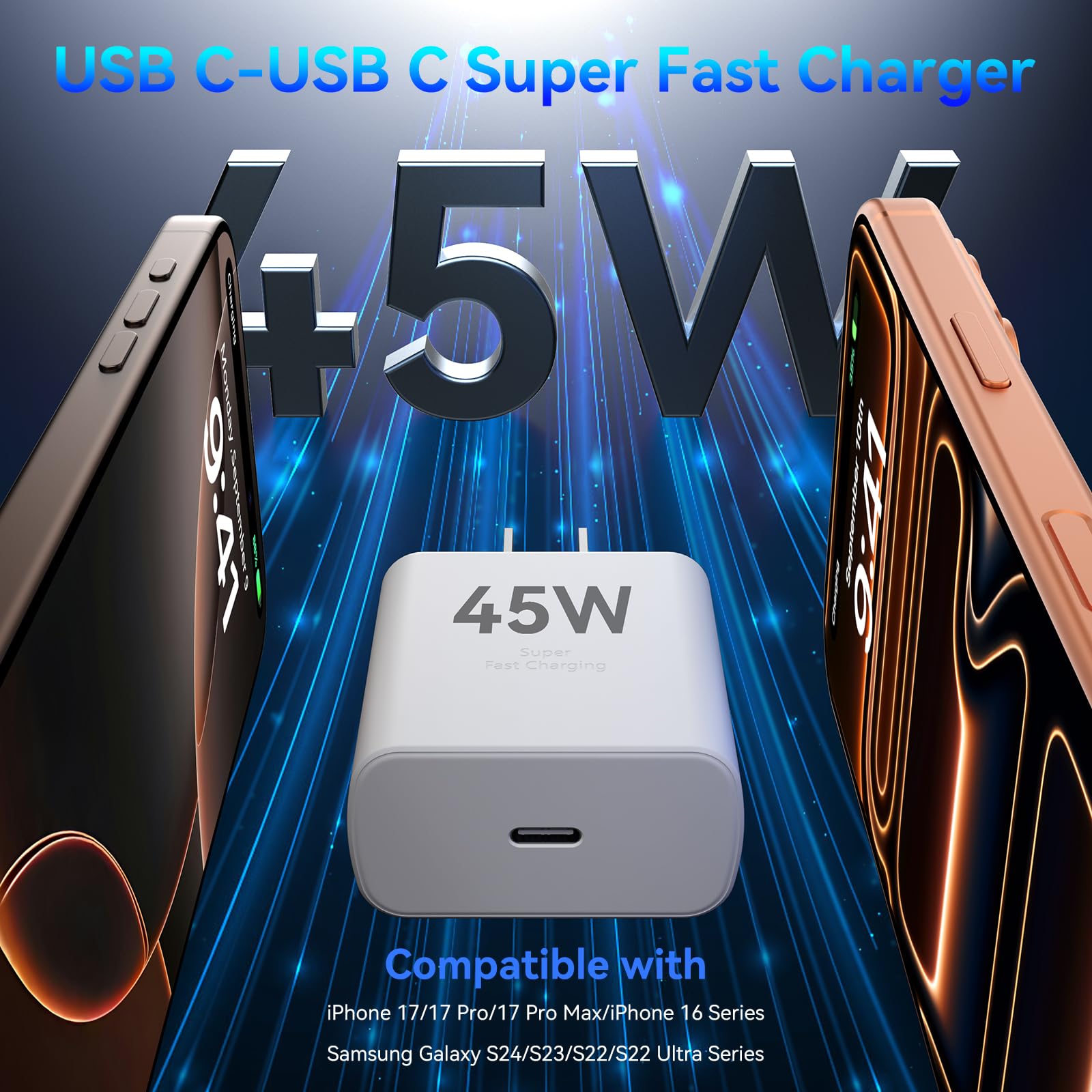 Caricatore USB-C ad alta velocità, 45 W, cavo di ricarica tipo C, 3 m, ricarica rapida per telefoni Android, caricatore da parete per