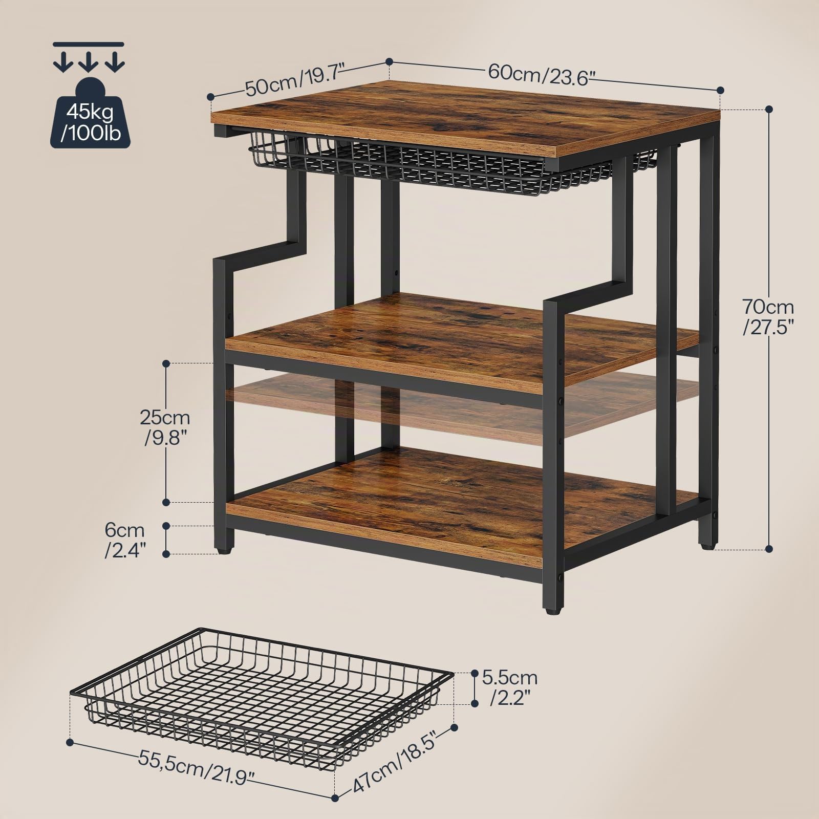 HOOBRO Support d’Imprimante avec Étagère, Support d’Imprimante avec Tiroir, Meuble pour Imprimante Extra Large à 3 Niveaux 60 x 50 cm, pour Salon, Cuisine, Bureau, Marron Rustique et Noir EBF10PS01