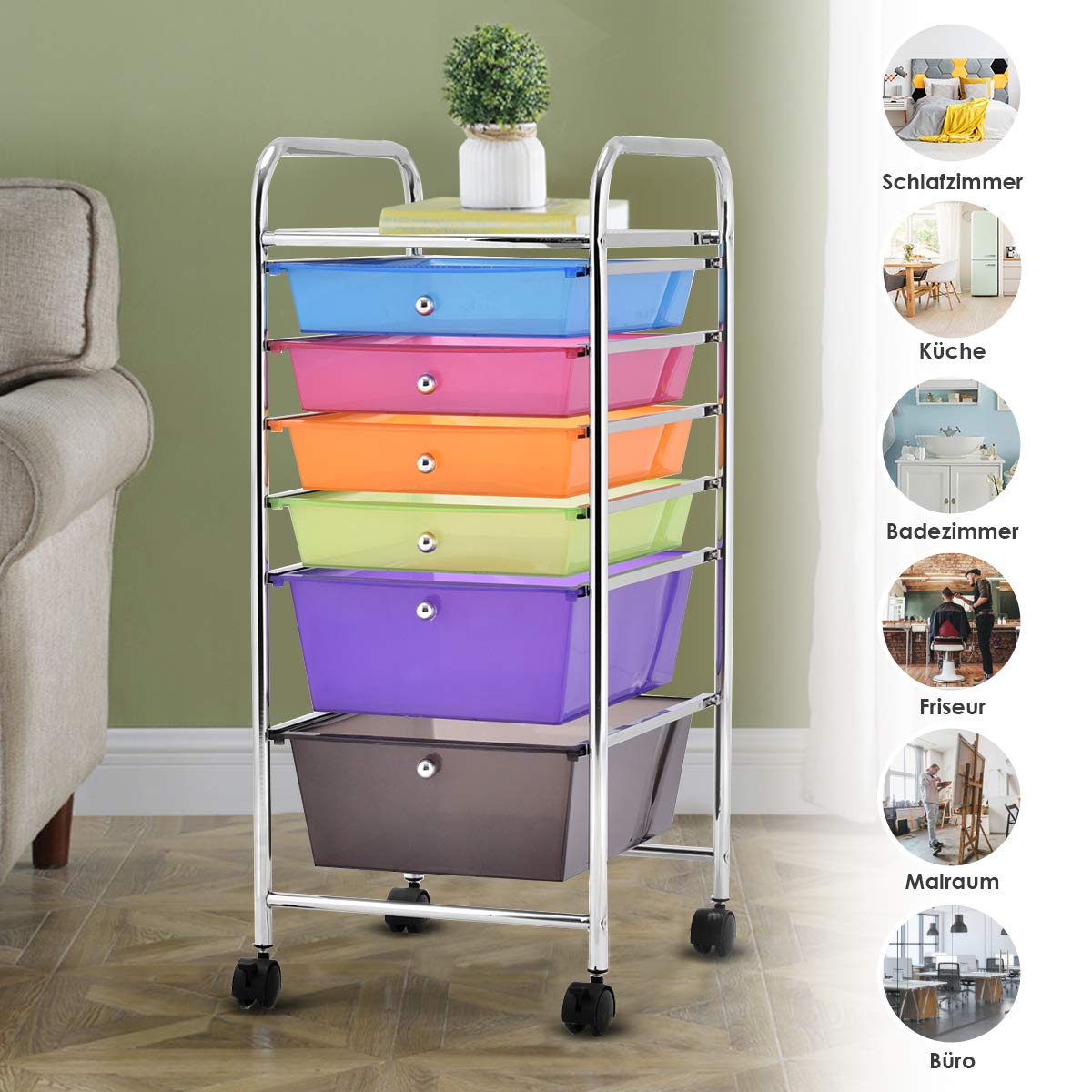 GOPLUS Rollwagen mit 6 Schubladen, Rollregal Farbig, Küchenwagen mit Rädern, Beistellwagen Haushaltswagen Rollcontainer Badrollwagen Badtrolley Badregal