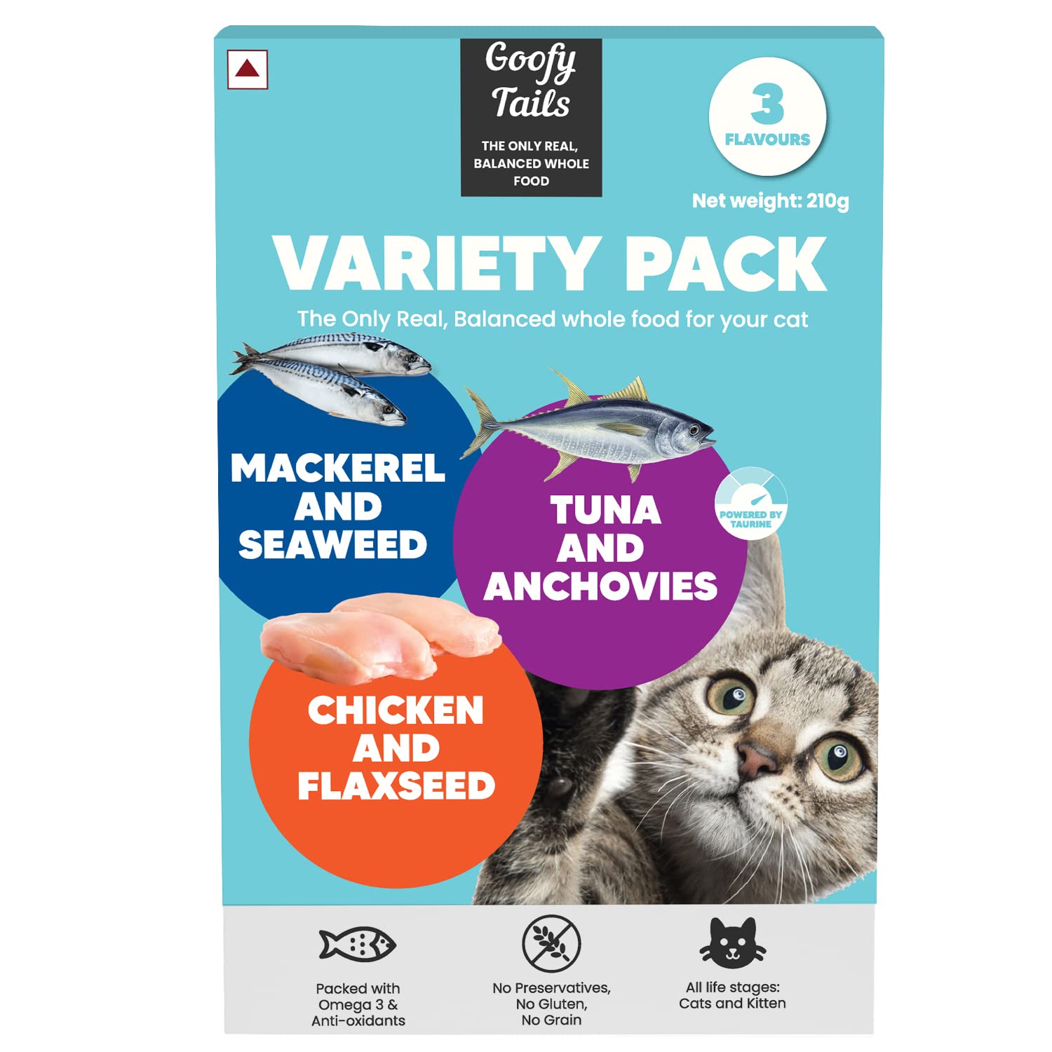 Wet Cat Food and Kitten Food Variety Pack 210g (70g X 3 Pouches), Tuna and Anchovies, Mackerel and Seaweed, Chicken and Flaxseeds, Preservative Free, Wholesome, Natural Cat Wet Food