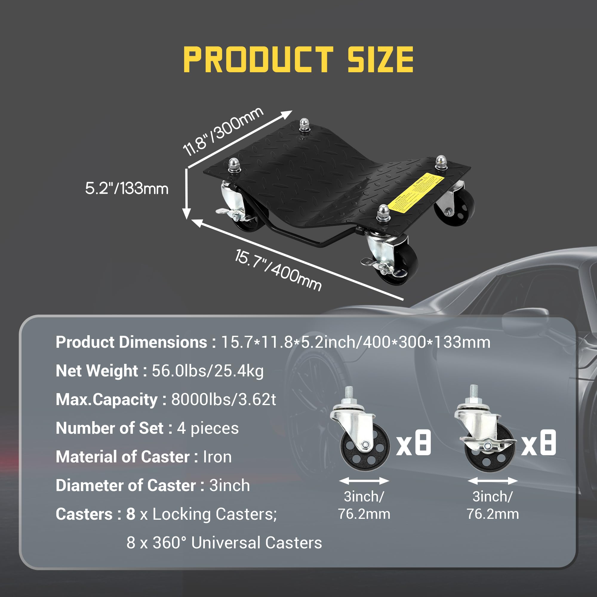 Zstar Schwerlast Radroller Set für Autos – 4 Stück, 8000 lbs Tragkraft – 360° drehbare Stahlrollen, Anti-Rutsch Oberfläche – Perfekt für PKW, SUV, LKW in Werkstatt & Garage – 15,7x11,8 Zoll – Farbe: