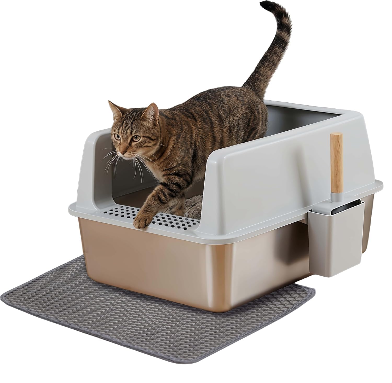 BingoPaw Lettiera Acciaio Inox per Gatti, Pareti Alte 31cm Facile da Pulire | Lettiera Gatto Acciaio Inox Grande, 60,5x40,5x31 cm, 26 L, Aperta, Anti-Dispersione, con Tappetino EVA e Paletta