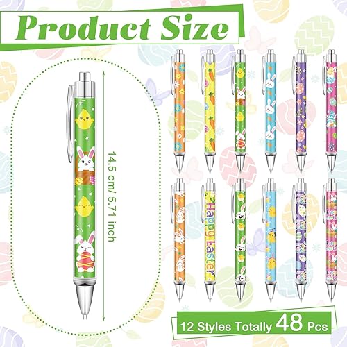 Miniatura 2 de Yeaqee 48 bolígrafos de Pascua con impresión retráctil de conejo a granel, huevo de Pascua, conejo, zanahoria, pollito y flor, bolígrafos de tinta