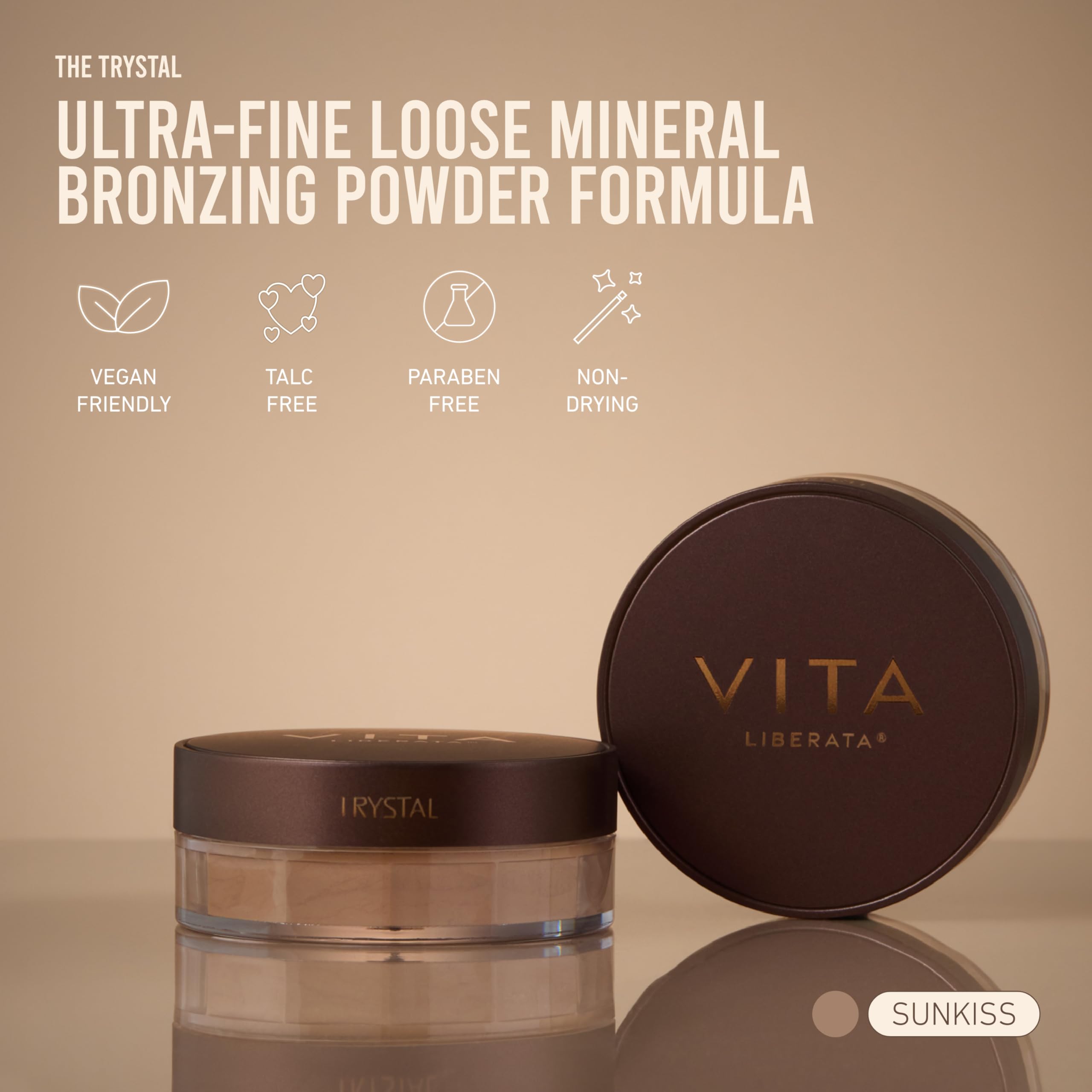 VITA LIBERATA Trystal - Polvere minerale abbronzante sfusa n. 2, tonalità Sun Kiss, bronzer e contorno per un bagliore naturale baciato dal sole, senza parabeni, adatta per pelli chiari/medie, vegana