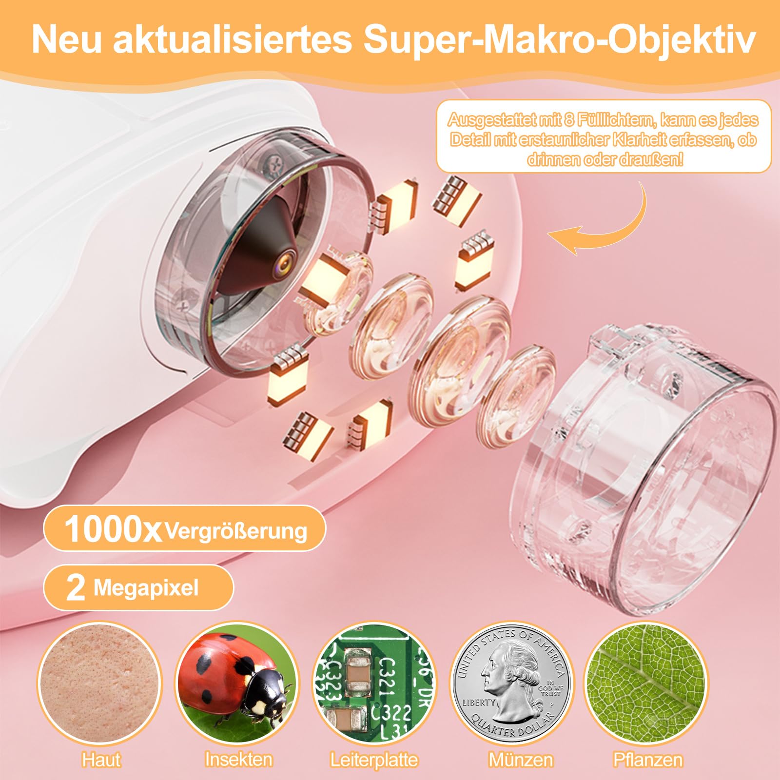 Handmikroskop für Kinder - 1080P HD 2.0" Bildschirm Mikroskop, Mini Tragbare Digitales Mikroskop mit 8 LED, 600mAh, 1000X Kindermikroskop, Hand- oder Nackenband, Microscope Experimente ab 6 Jahren