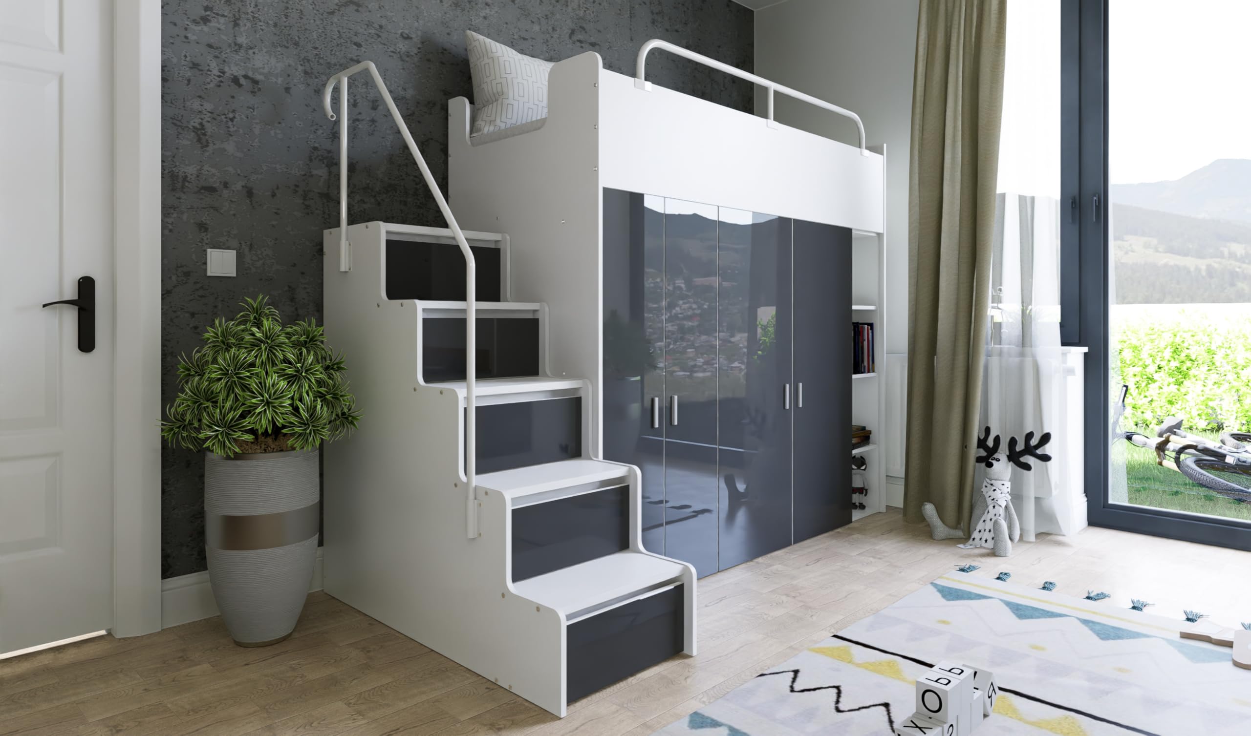 Hochbett Kinderbett JSM-2 90x200 mit Zwei Kleiderschränken, Bücherregal und Treppe Hochglanz Etagenbett Stockbett Jugendhochbett (Weiß Glanz)