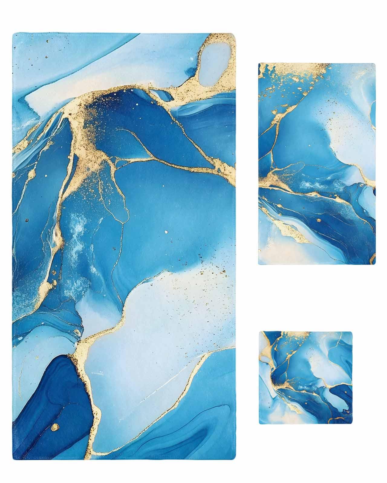 CosyBright 3 Piece Towels Set Sky Blue Gold Marble Abstract Art Bath Towels Set Luxury Bath Towels for Bathroom, Soft Absorbent Bathroom Towels Set (1