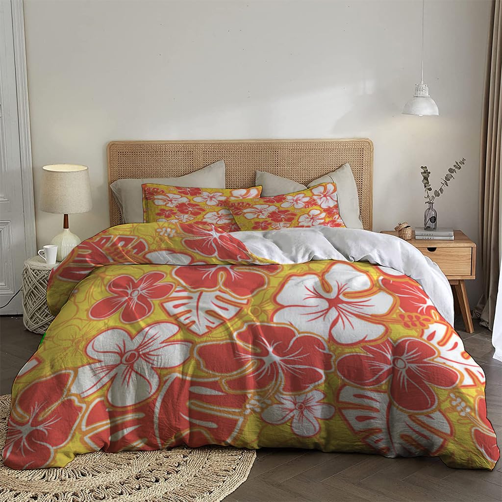 NIBAINLO 布団カバーハワイアンプルメリアハイビスカス赤白花 肌に優しい ピーチスキン加工 掛け布団カバー 和式 洋式 あったか 布団カバーセット リバーシブル ホームステイ ホテル 家庭兼用