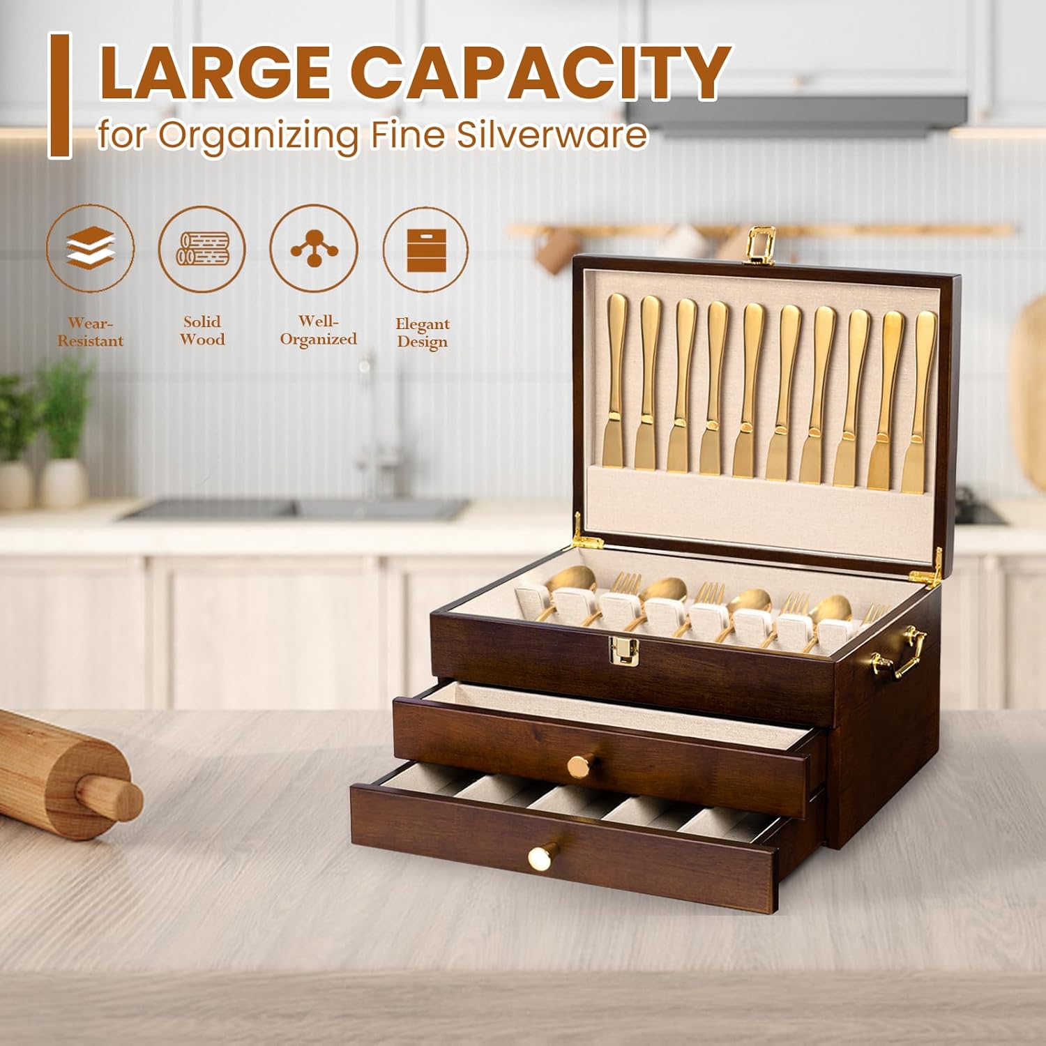 Silverware Storage Box, 3-Layer Flatware Storage Case with Drawer, Wooden Silverware Chest with Handle and Linen Liner, Rustic Silverware Case for Storing Fine Flatware and Utensils (Walnut) - Image 5