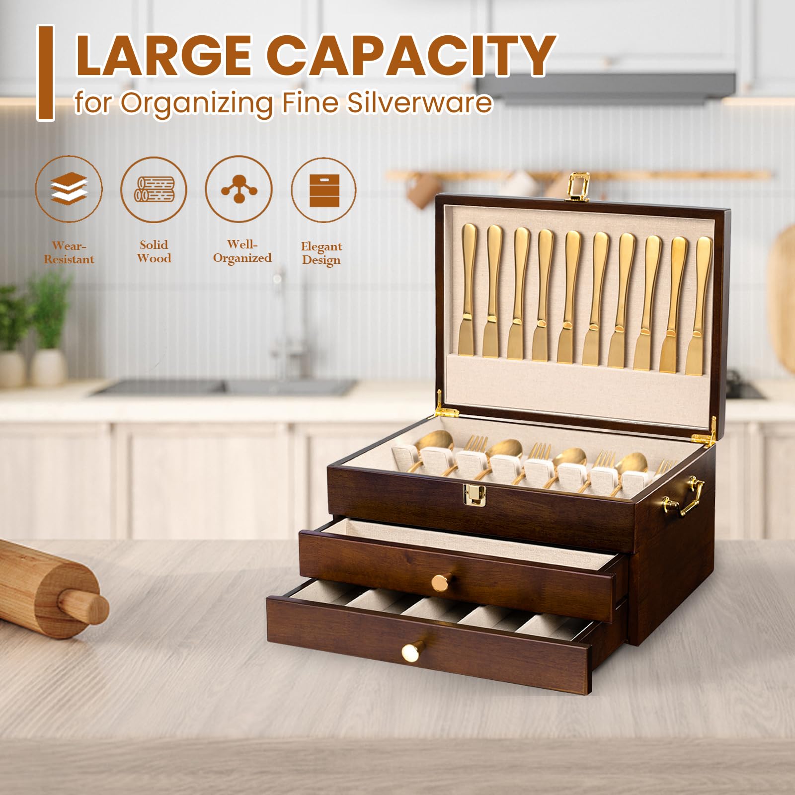 Caja de almacenamiento de cubiertos, caja de almacenamiento de cubiertos de 3 capas con cajón, baúl de cubiertos de madera con asa y forro de lino, funda rústica para guardar cubiertos y