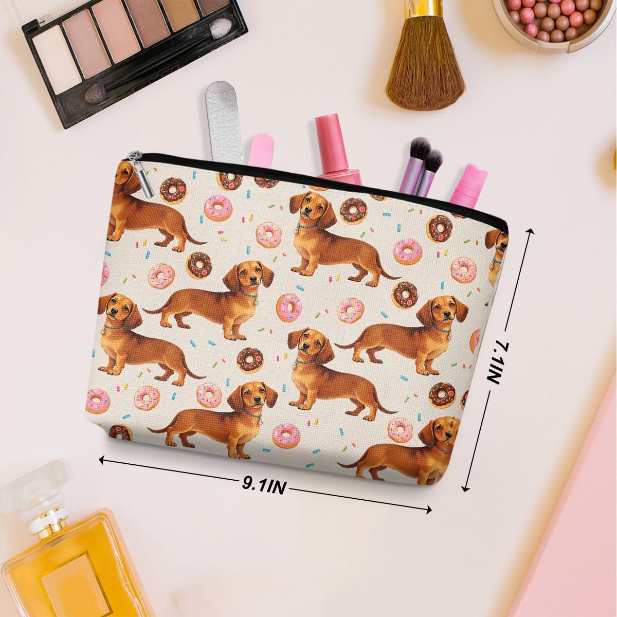Wenboco 2 Pcs Cute Dachshund Makeup Bag, Dachshund Gifts Floral Donuts Cosmetic Bags Travel Organizer Bag Makeup Pouch, Sister Birthday Christmas Gift for Women Mom Friend, Weiner Dog Gifts for Women - Image 2