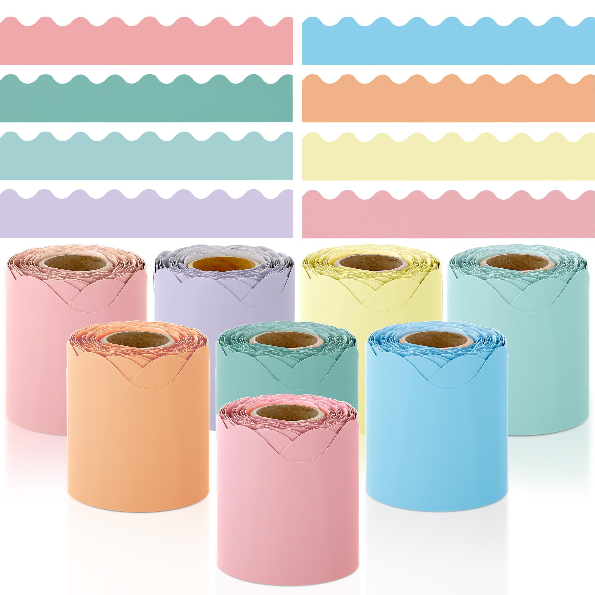 Elcoho 8 Rolls 262.4 Feet Scalloped Bulletin Board Borders Bulletin Boarder Trim School Decoration Borders for School, Classroom Decoration, Pastel