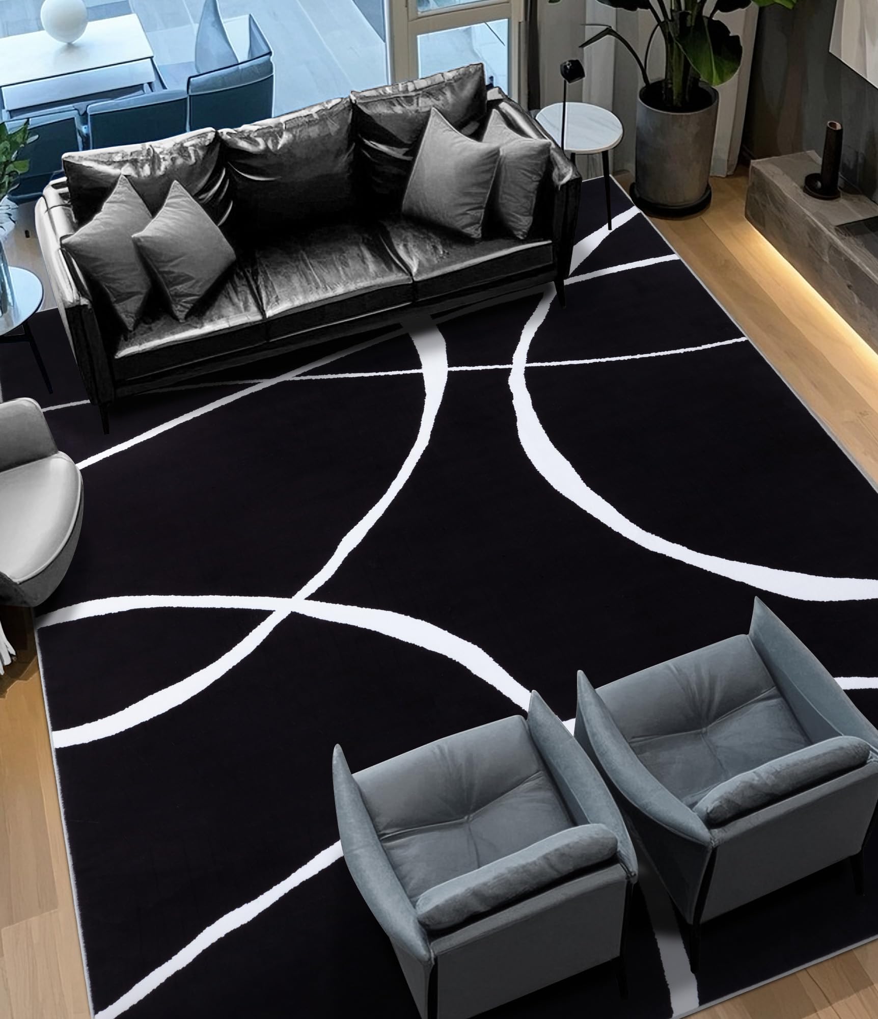 yihouse modern washable area rug for living room bedroom - large abstract black and white rug non-slip ultra-thin home decor (dark curve, 8'x10'ft)
