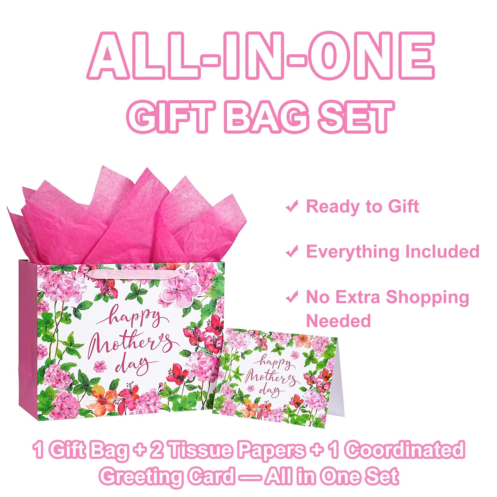 LeZakaa 13" Mother's Day Bag, Pink Floral Happy Mother's Day Bag with Greeting Card Tag & Tissue Paper, Elegant Flower Design Gift Bag for Mom Wife Grandma, 13" x 10" x 5", 1 Pc