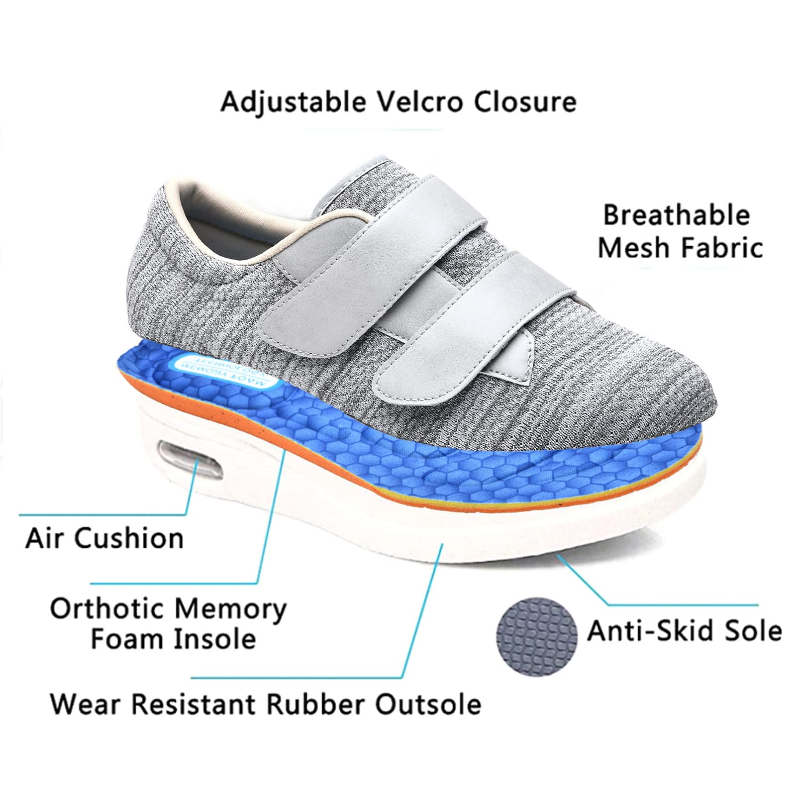 Scarpe diabetiche per Donna Uomo con Piedi gonfi Ampia vestibilità Edema Regolabile Comodo per Donna Uomo Scarpe da Passeggio diabetico Cuscino d'Aria Scarpe Slip-on Ortopediche