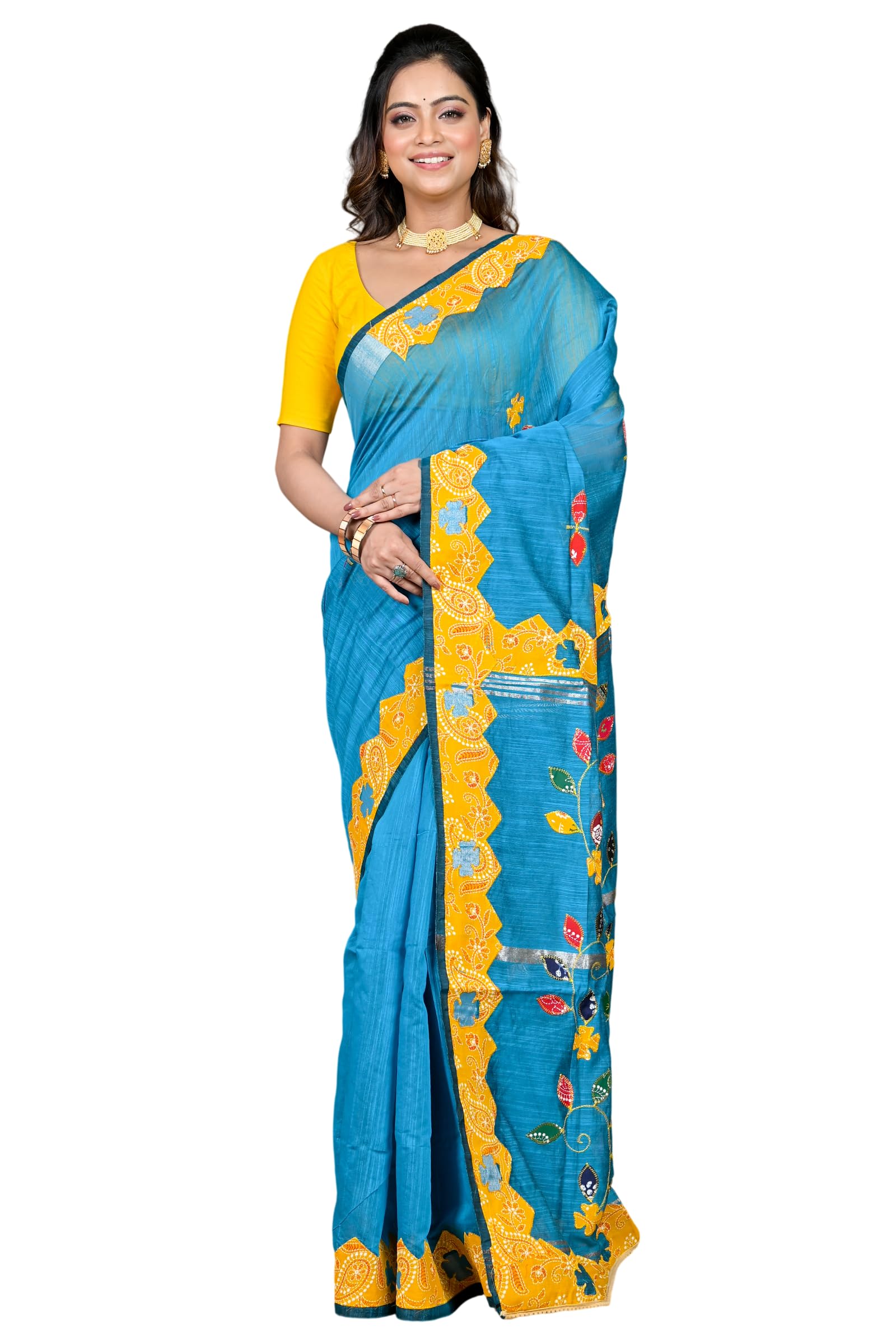 Traditional Bengal Artisan Crafted Cotton Blended Applique Saree with blouse piece-picture-19