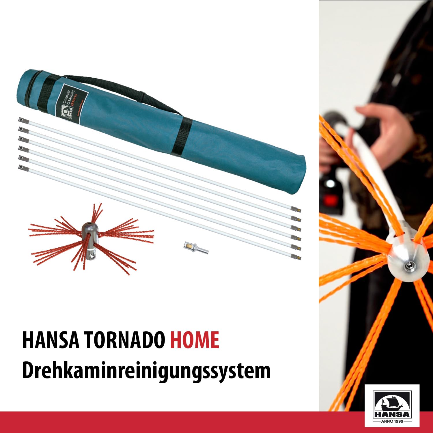 Hansa Tornado Schornsteinreinigungsset, 8 m - Schornsteinbürste - Schornsteinreiniger - Set mit Bürste und Haltegriff