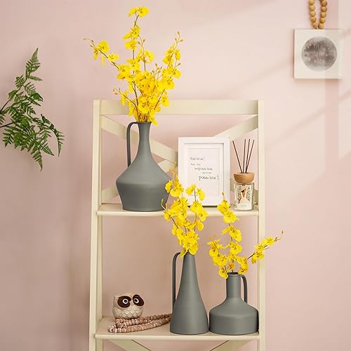 Miniatura 4 de Sziqiqi Centros de mesa decorativos de jarrón azul  Jarrón nórdico de 7.1 pulgadas con asa para flores falsas, jarrón de metal para centro de mesa